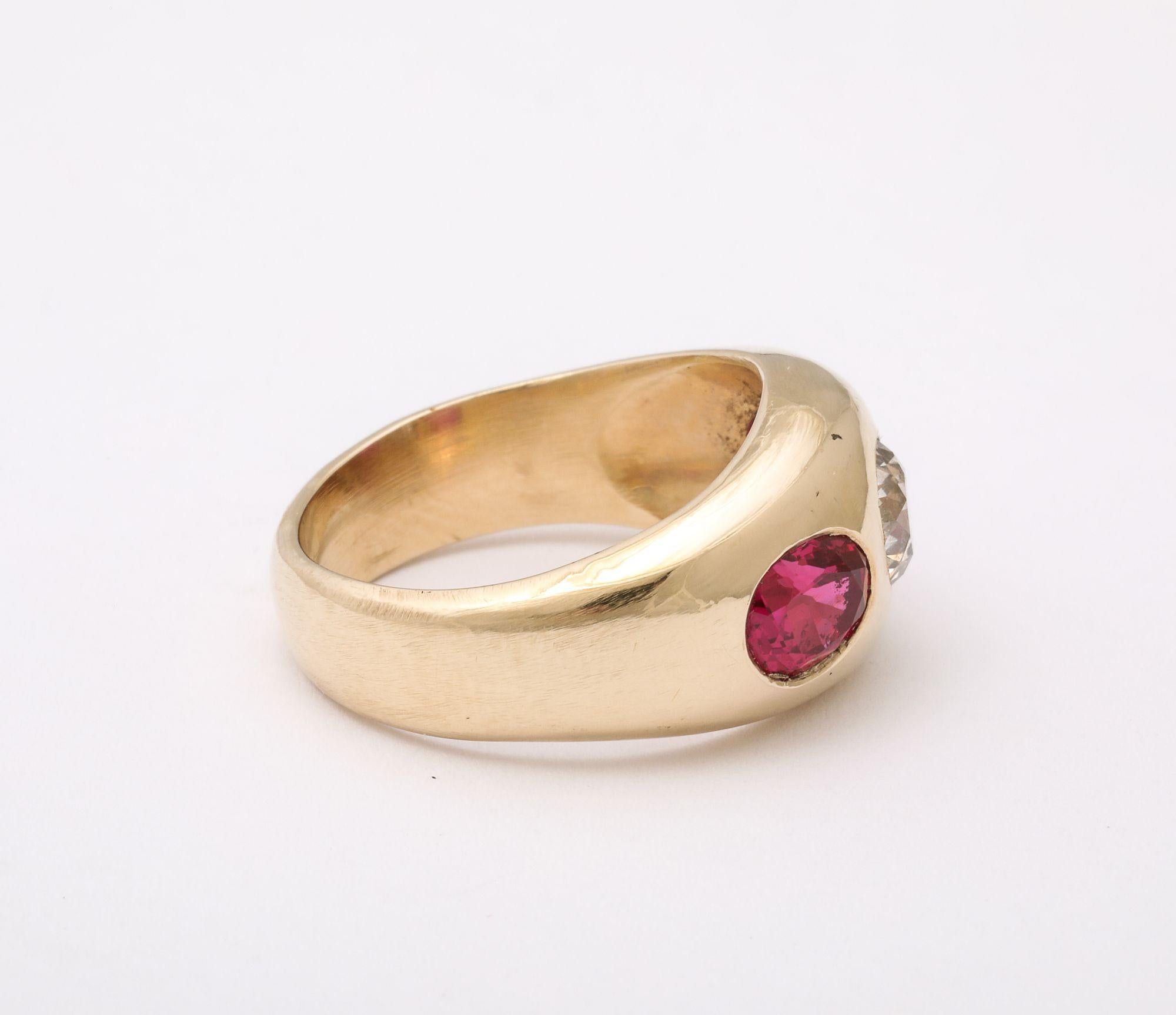Women's Three Stone Diamond and Natural Ruby Gold Ring For Sale