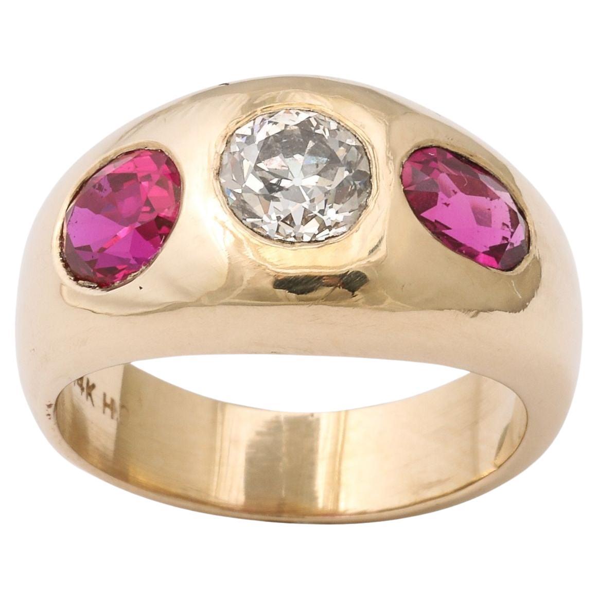 Three Stone Diamond and Natural Ruby Gold Ring For Sale