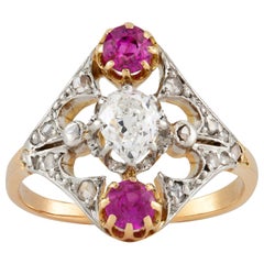 Antique Three-Stone Diamond and Pink Sapphire Ring