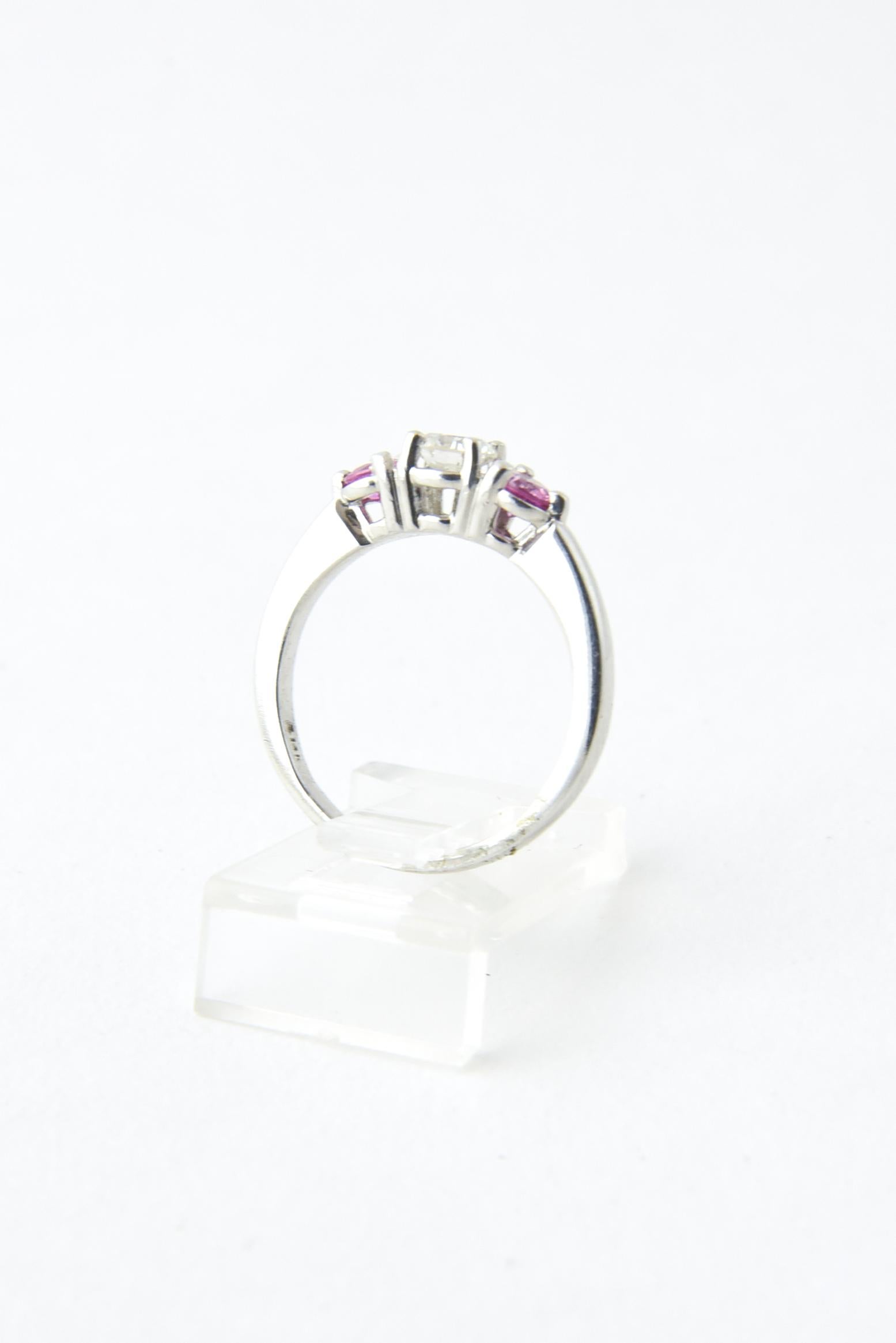 Round Cut Three-Stone Diamond and Pink Sapphire White Gold Ring