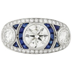Three-Stone Diamond and Sapphire Art Deco Style Ring