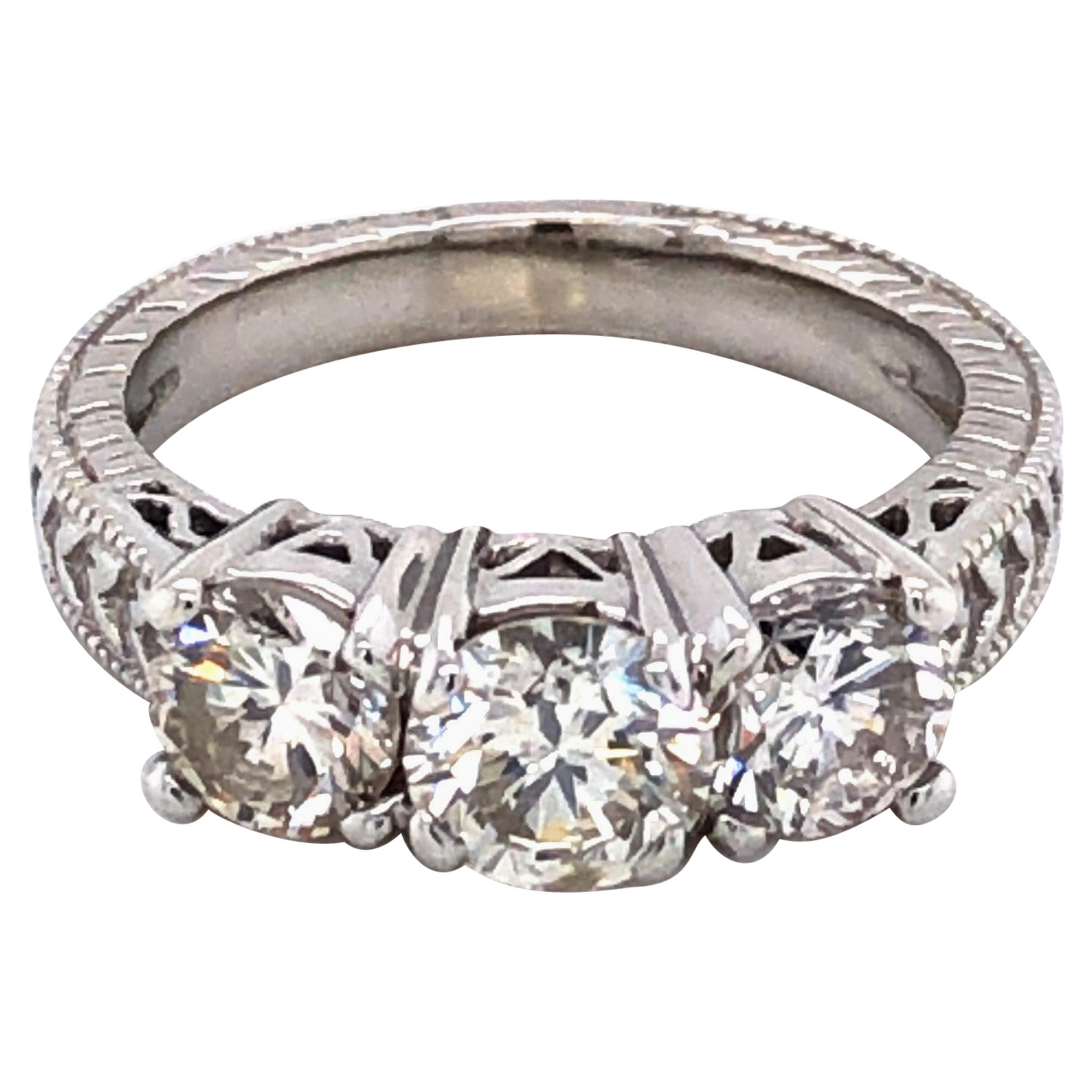 Three-Stone Diamond Antique Style Engagement Ring For Sale