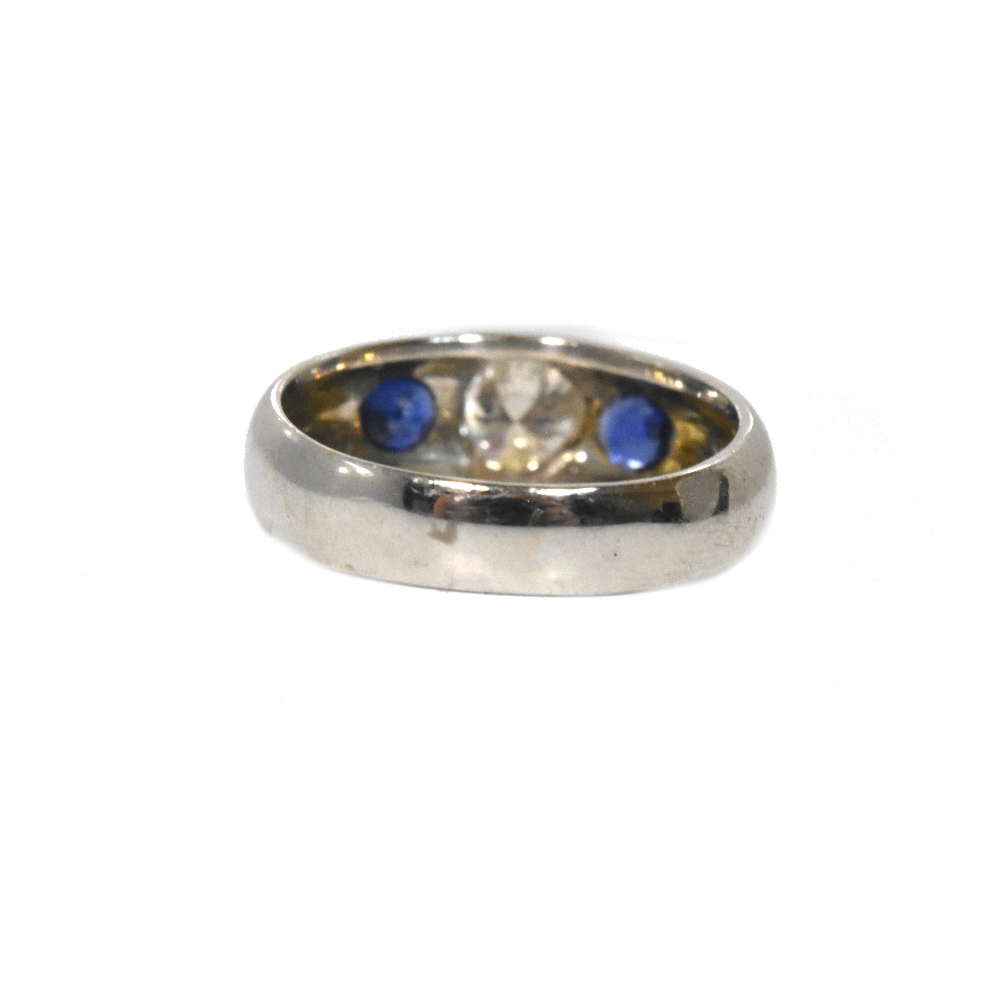 Modern Three-Stone Diamond and Blue Sapphire White Gold Ring
