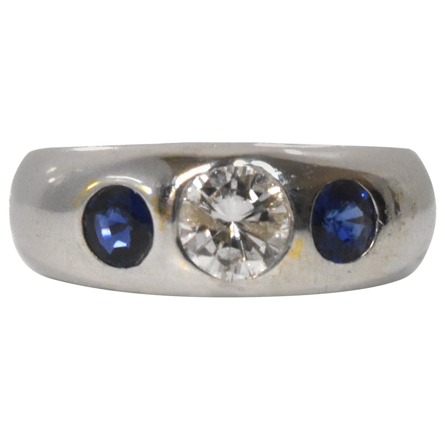 Three-Stone Diamond and Blue Sapphire White Gold Ring