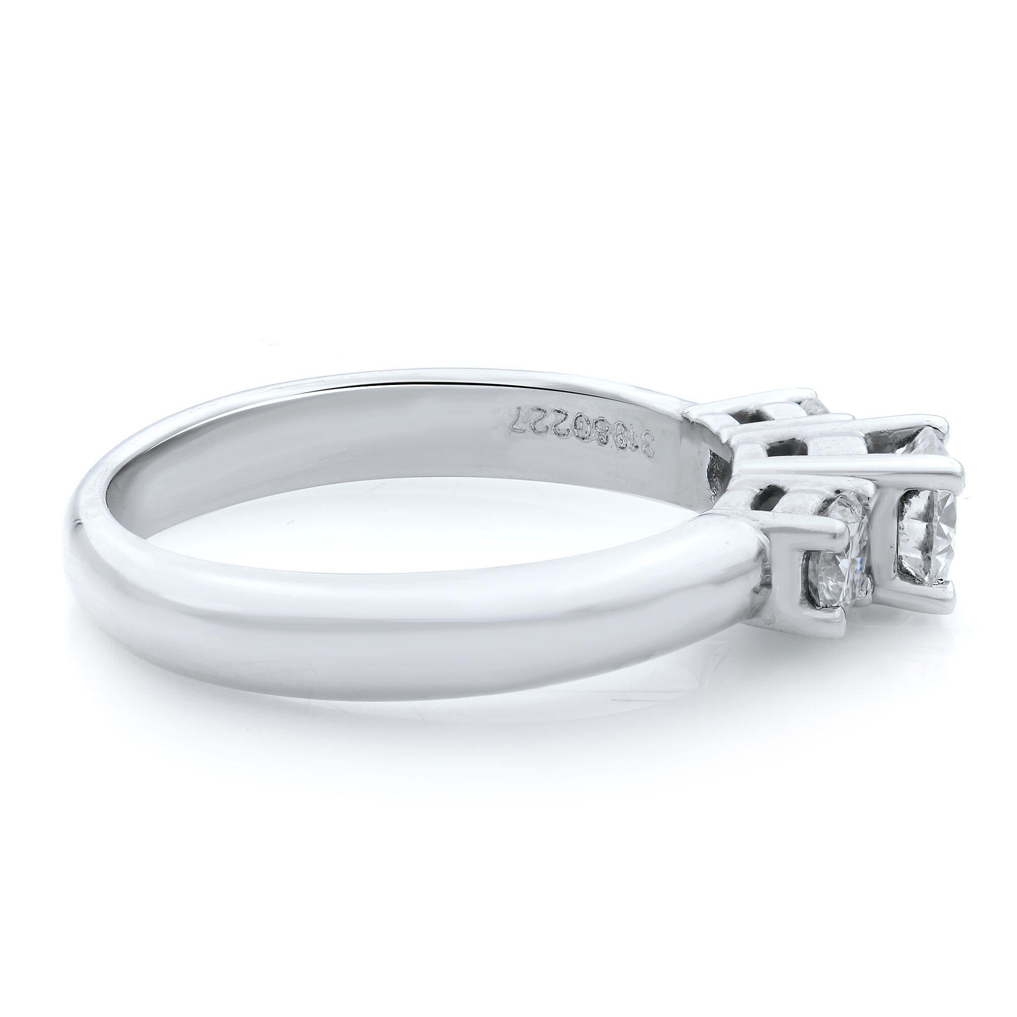 Modern Three Stone Diamond Engagement Ring 14K White Gold & Platinum 0.75cttw For Sale