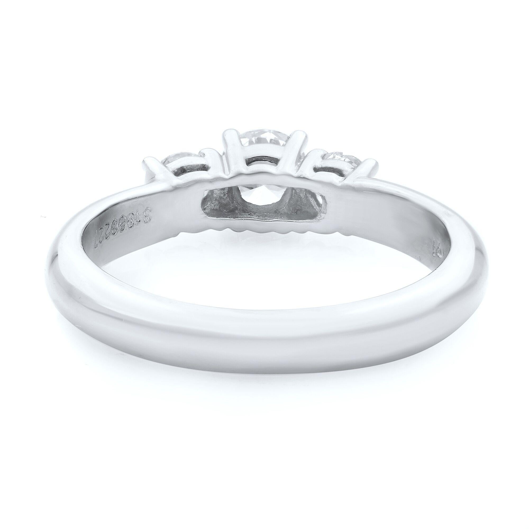 Round Cut Three Stone Diamond Engagement Ring 14K White Gold & Platinum 0.75cttw For Sale