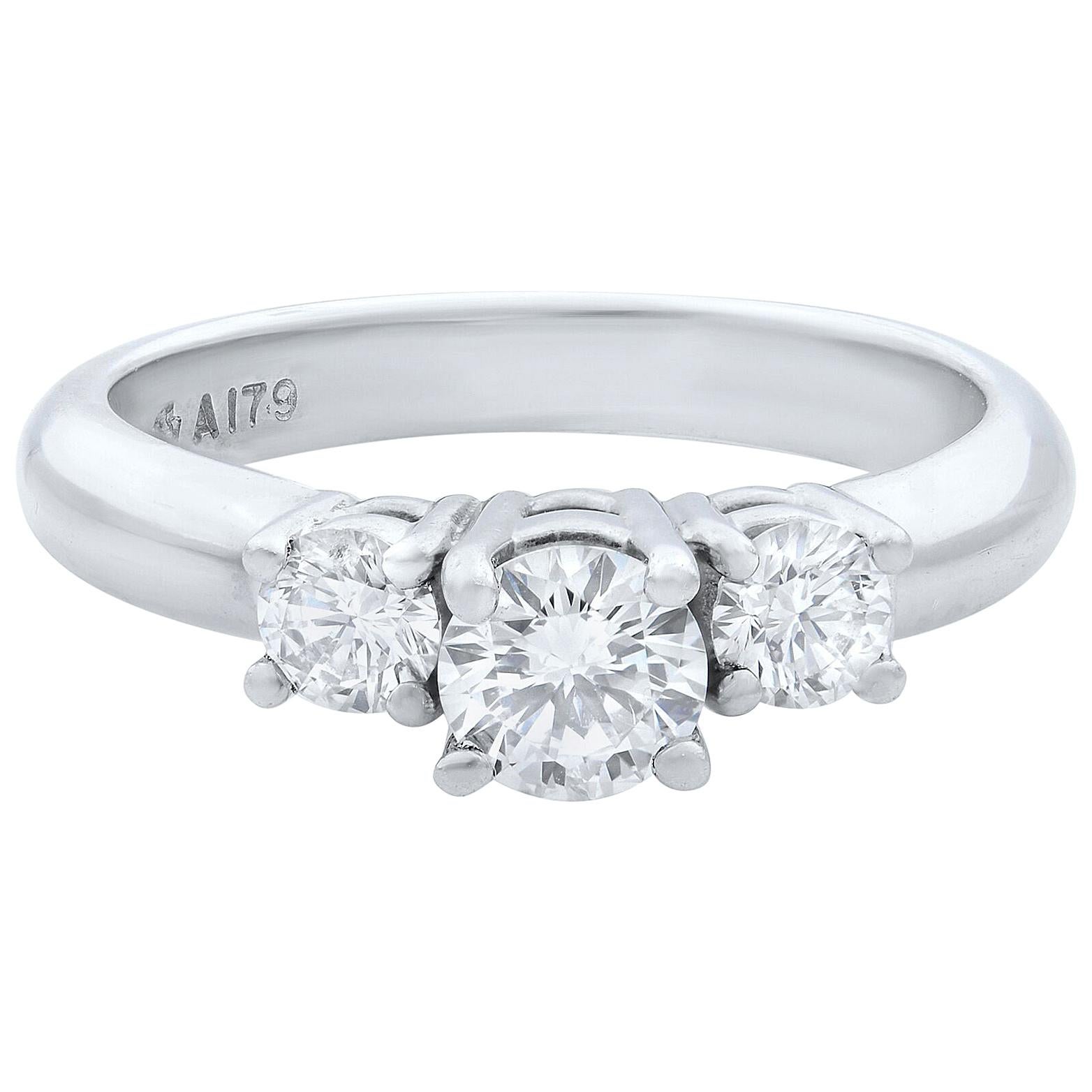 Three Stone Diamond Engagement Ring 14K White Gold & Platinum 0.75cttw For Sale