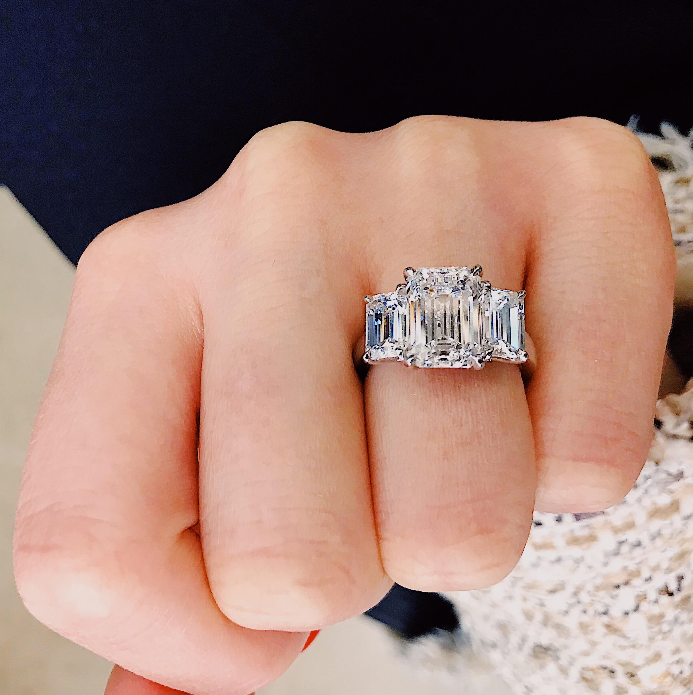 Emerald Cut Three-Stone Diamond Engagement Ring in Platinum 6.15 Carat For Sale