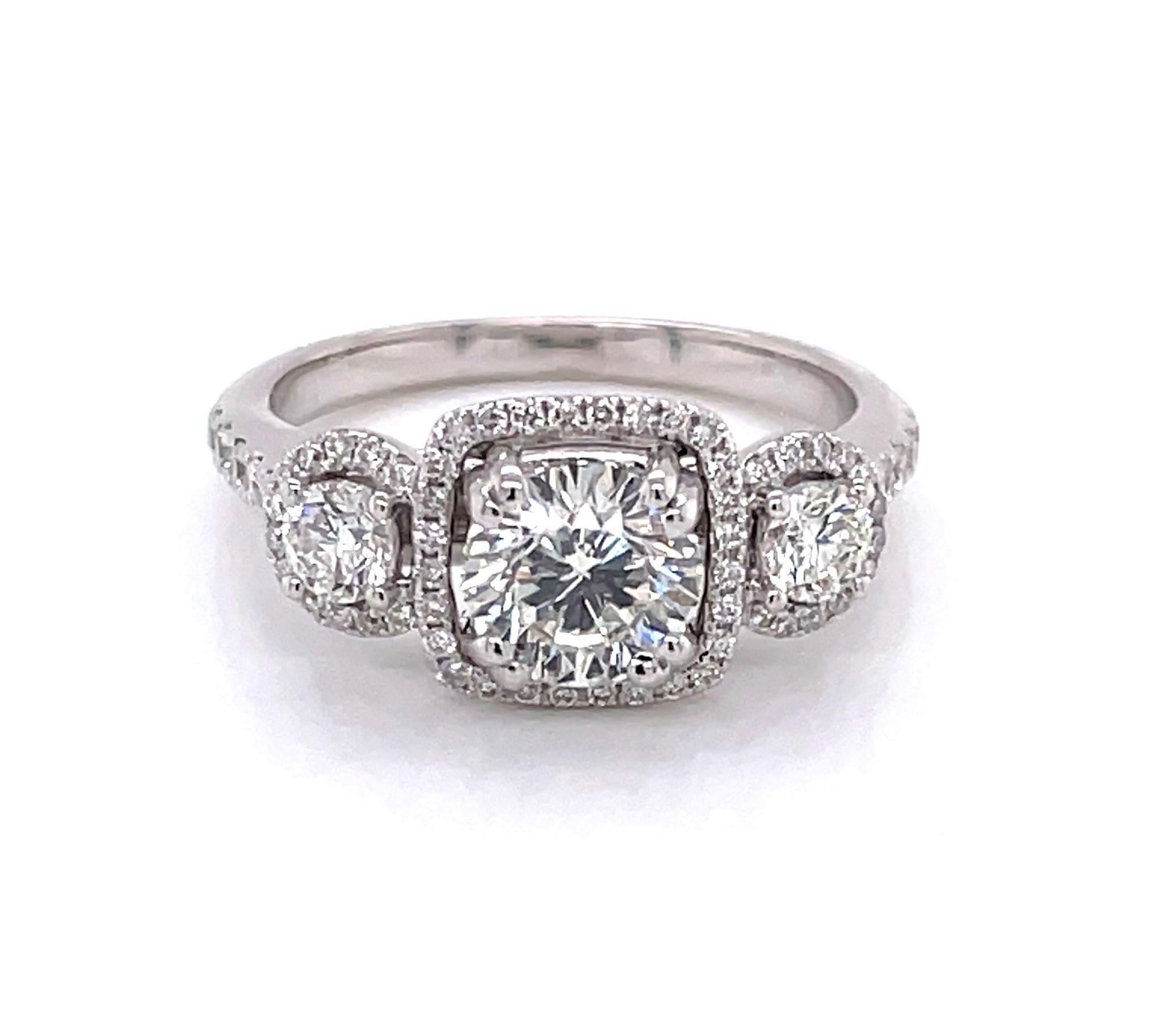 Three Stone Diamond Halo 18 Karat White Gold Engagement Ring For Sale 2