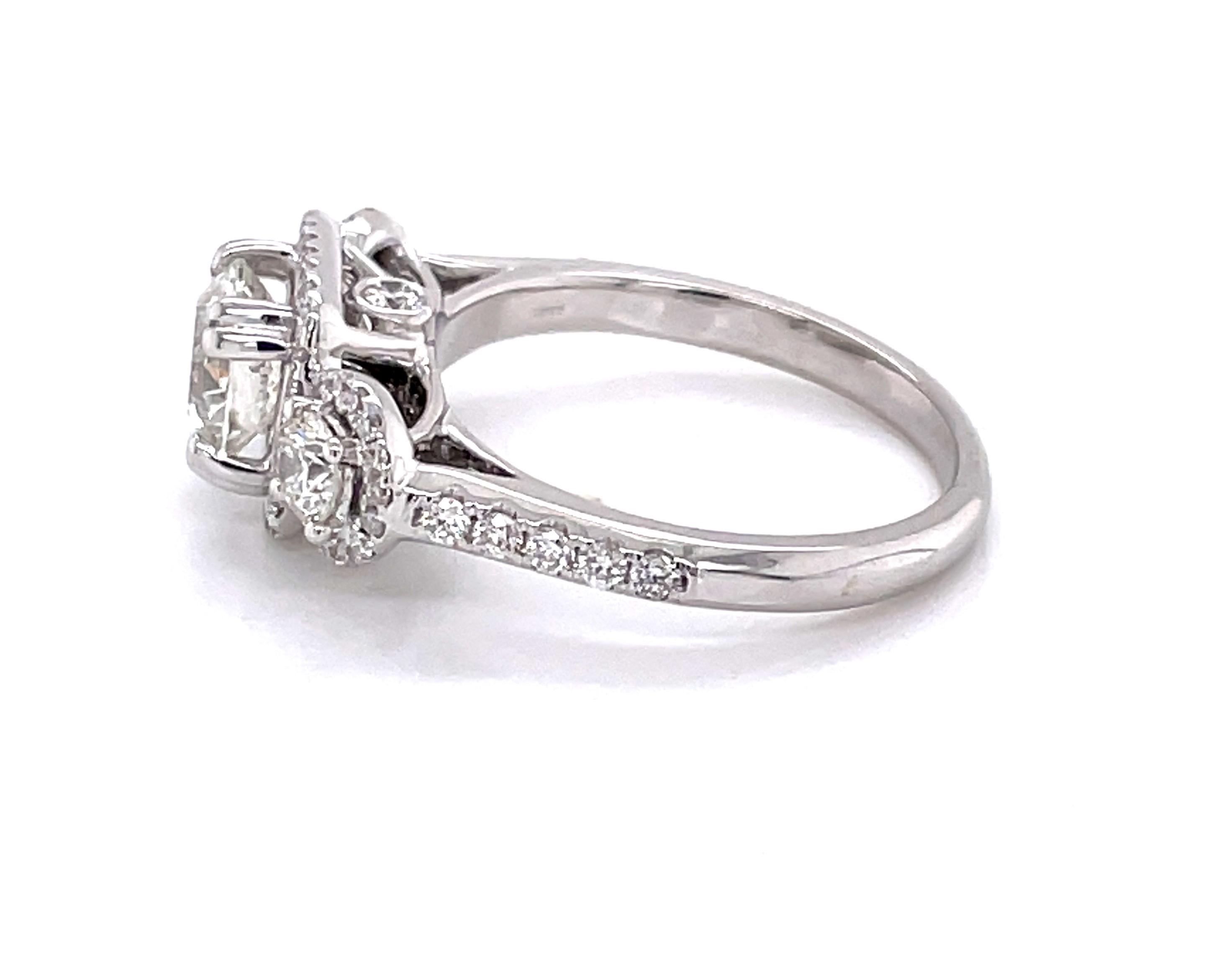 Round Cut Three Stone Diamond Halo 18 Karat White Gold Engagement Ring For Sale