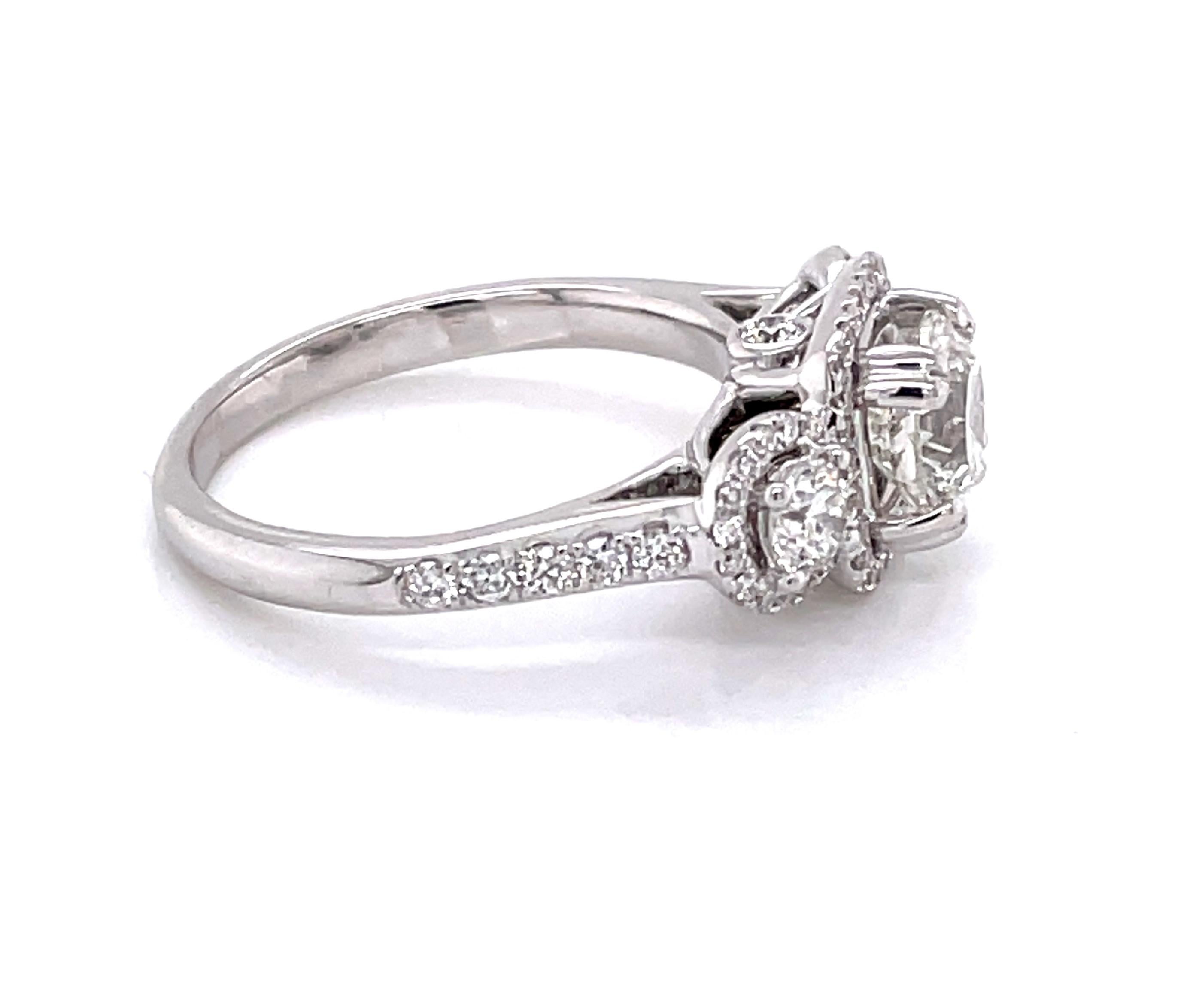 Women's Three Stone Diamond Halo 18 Karat White Gold Engagement Ring For Sale