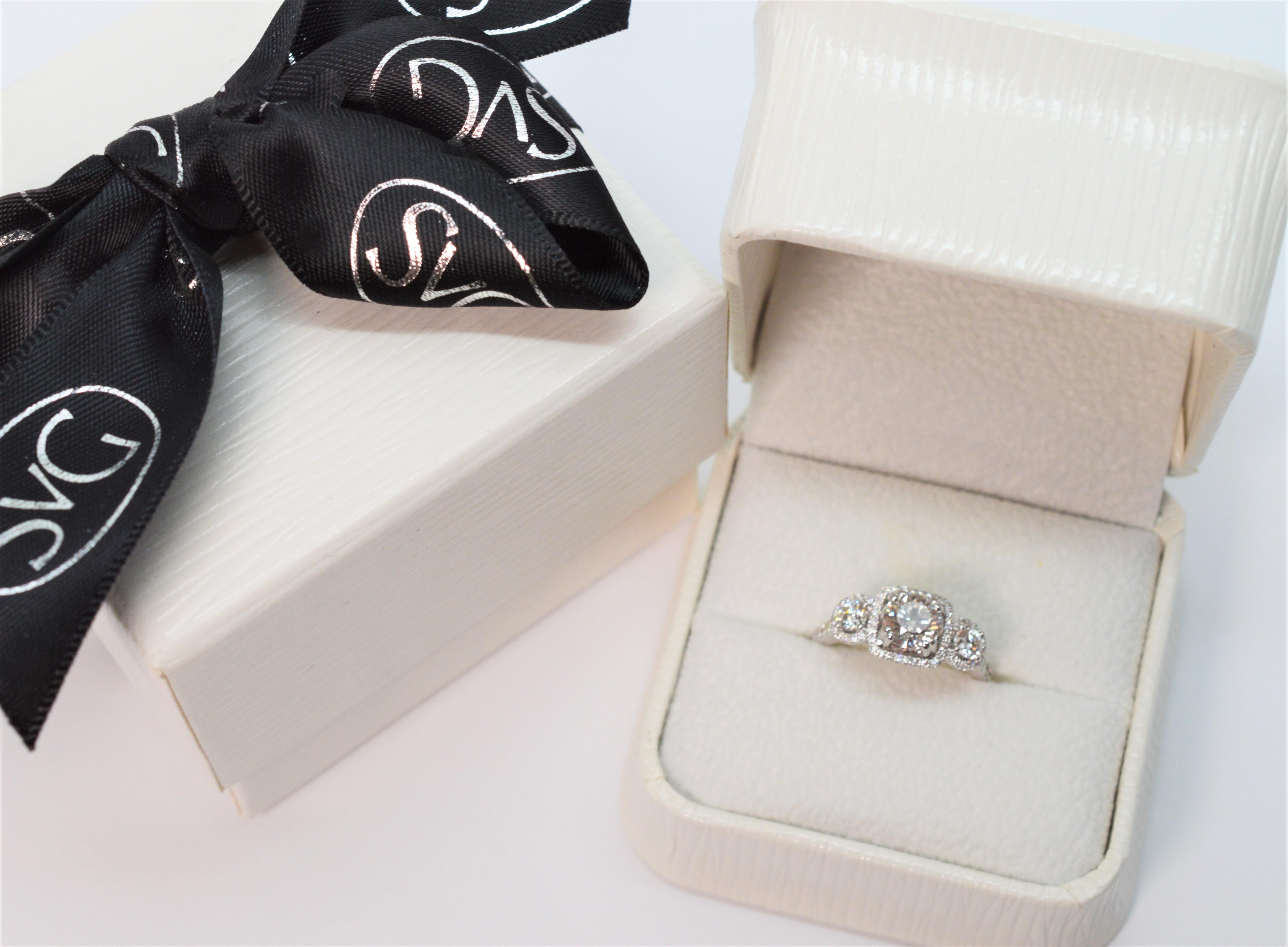 Three Stone Diamond Halo 18 Karat White Gold Engagement Ring For Sale 1