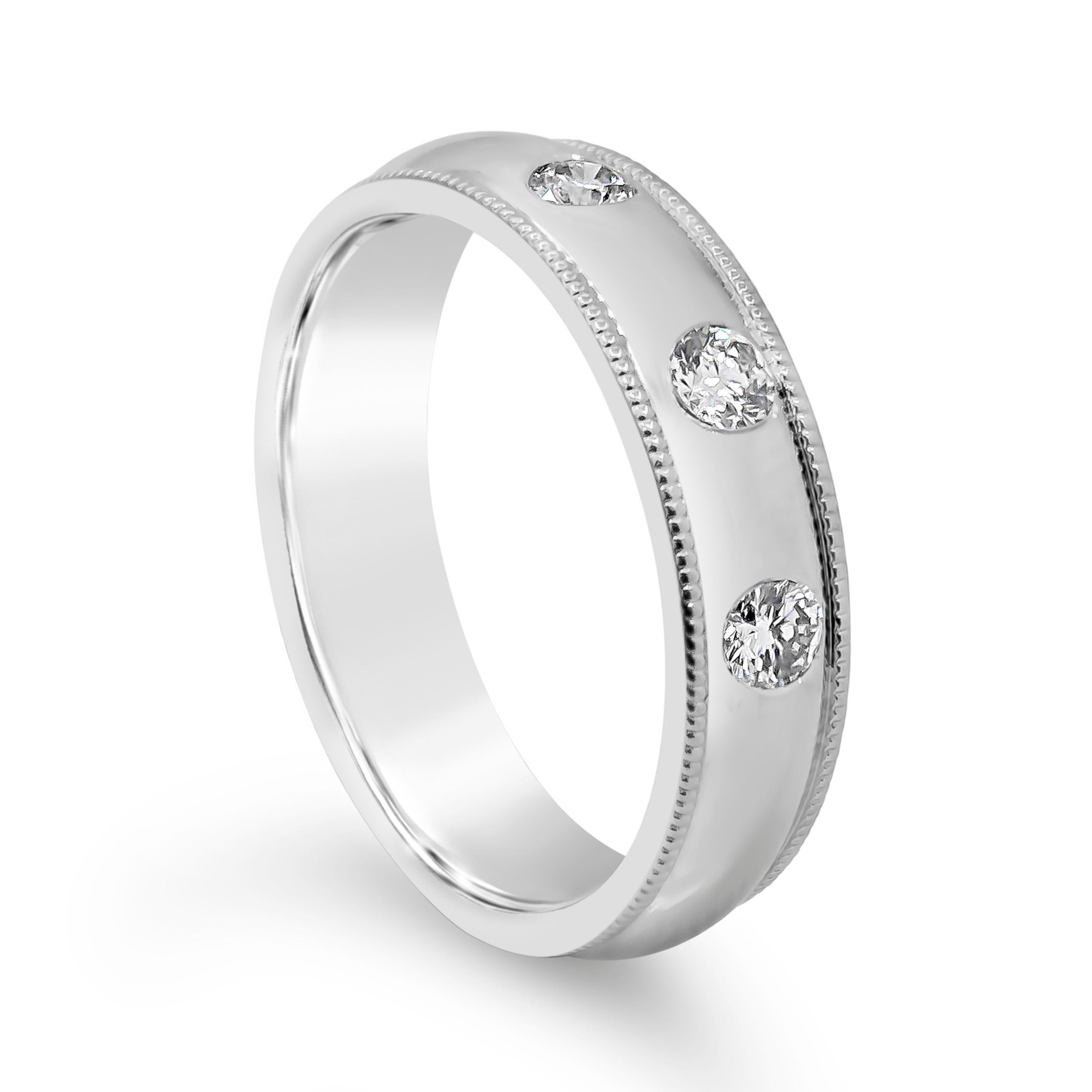A chic wedding band showcasing three round diamonds weighing 0.35 carats total, flush set in a polished platinum mounting. Finished with milgrain edges. Size 7.5 US.

Style available in different price ranges. Prices are based on your selection of