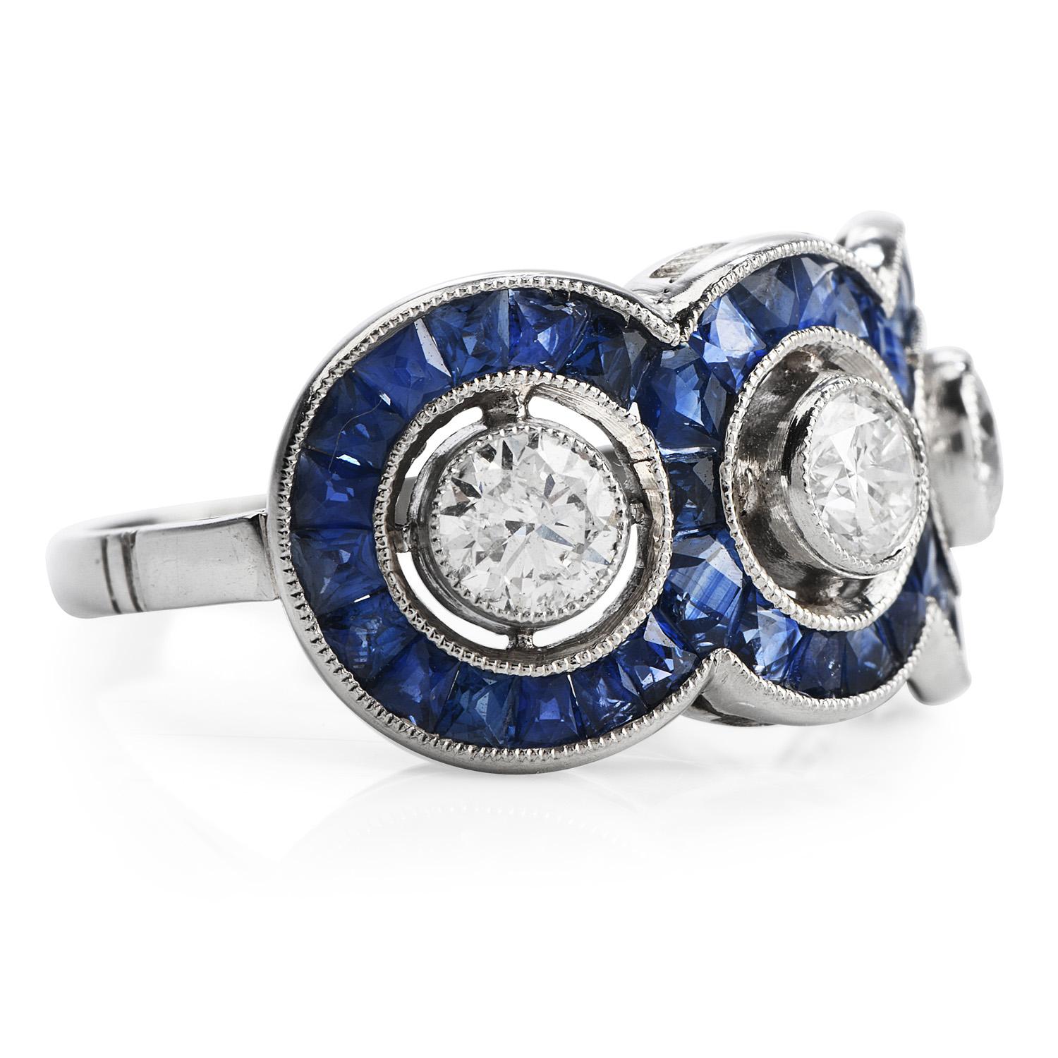 his vintage diamond sapphire engagement ring is crafted in solid platinum. Showcasing three round European cut diamonds, bezel-set in decorative filigree open gallery work extending into sizable shank weighing approx. 1.10 carats, G-H color, Si1