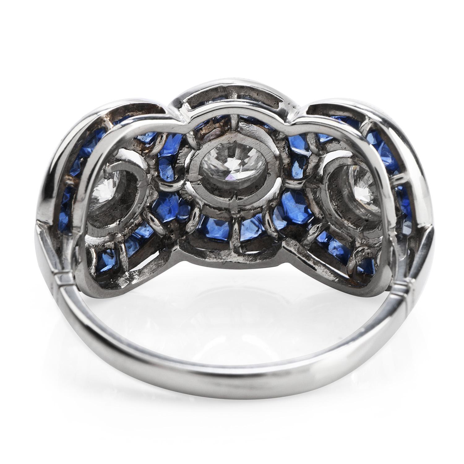 Art Deco Three-Stone Diamond French-Cut Sapphire Platinum Ring
