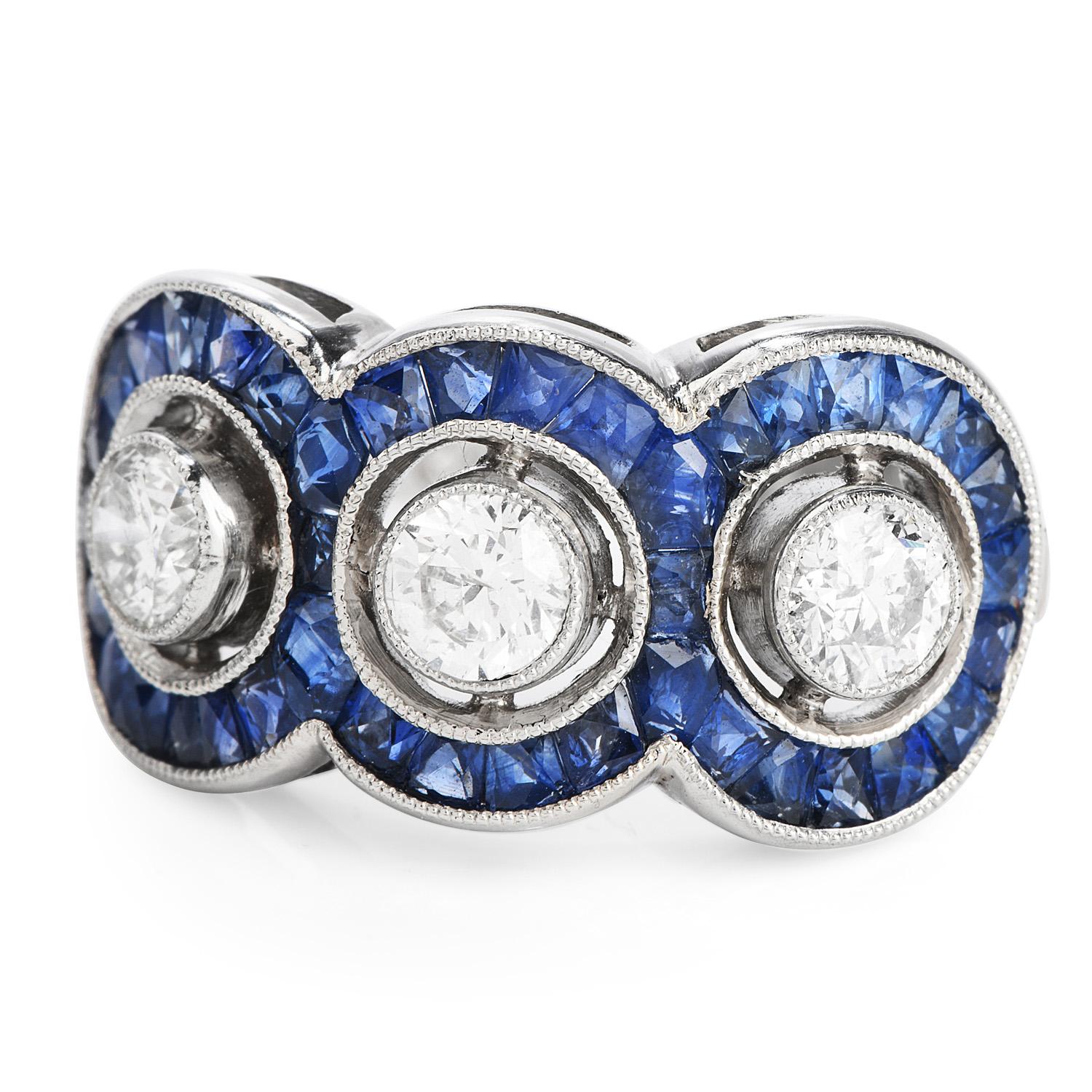 French Cut Three-Stone Diamond French-Cut Sapphire Platinum Ring