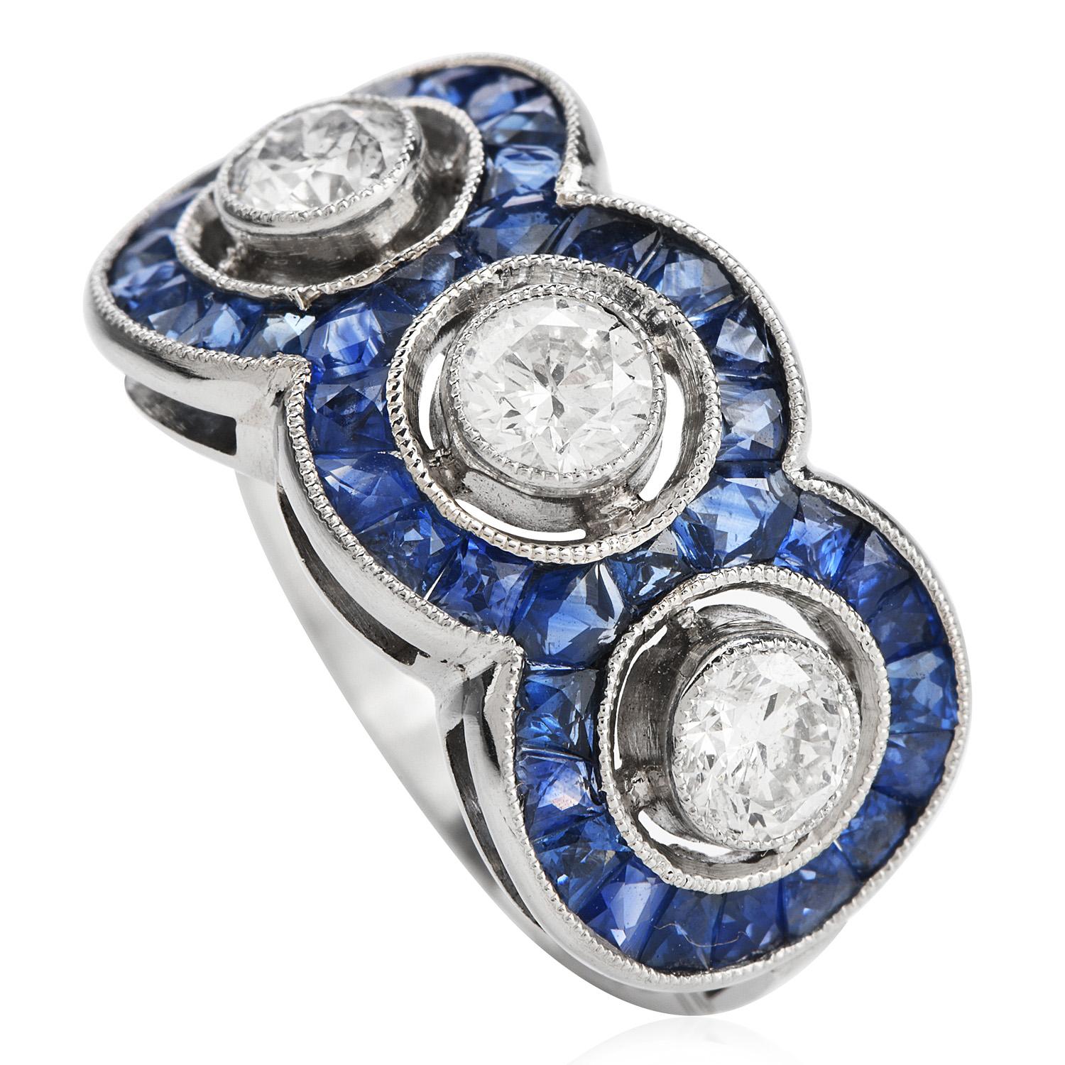 Three-Stone Diamond French-Cut Sapphire Platinum Ring In Excellent Condition In Miami, FL