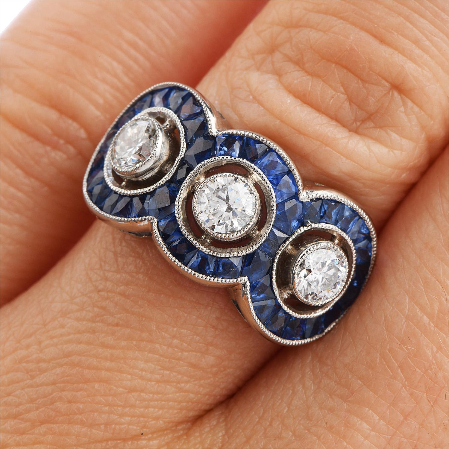 Women's Three-Stone Diamond French-Cut Sapphire Platinum Ring