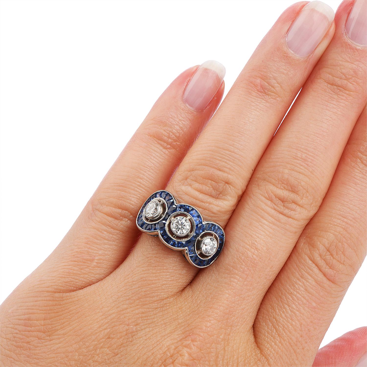 Three-Stone Diamond French-Cut Sapphire Platinum Ring 1