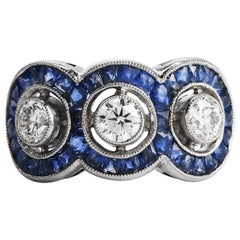 Three-Stone Diamond French-Cut Sapphire Platinum Ring