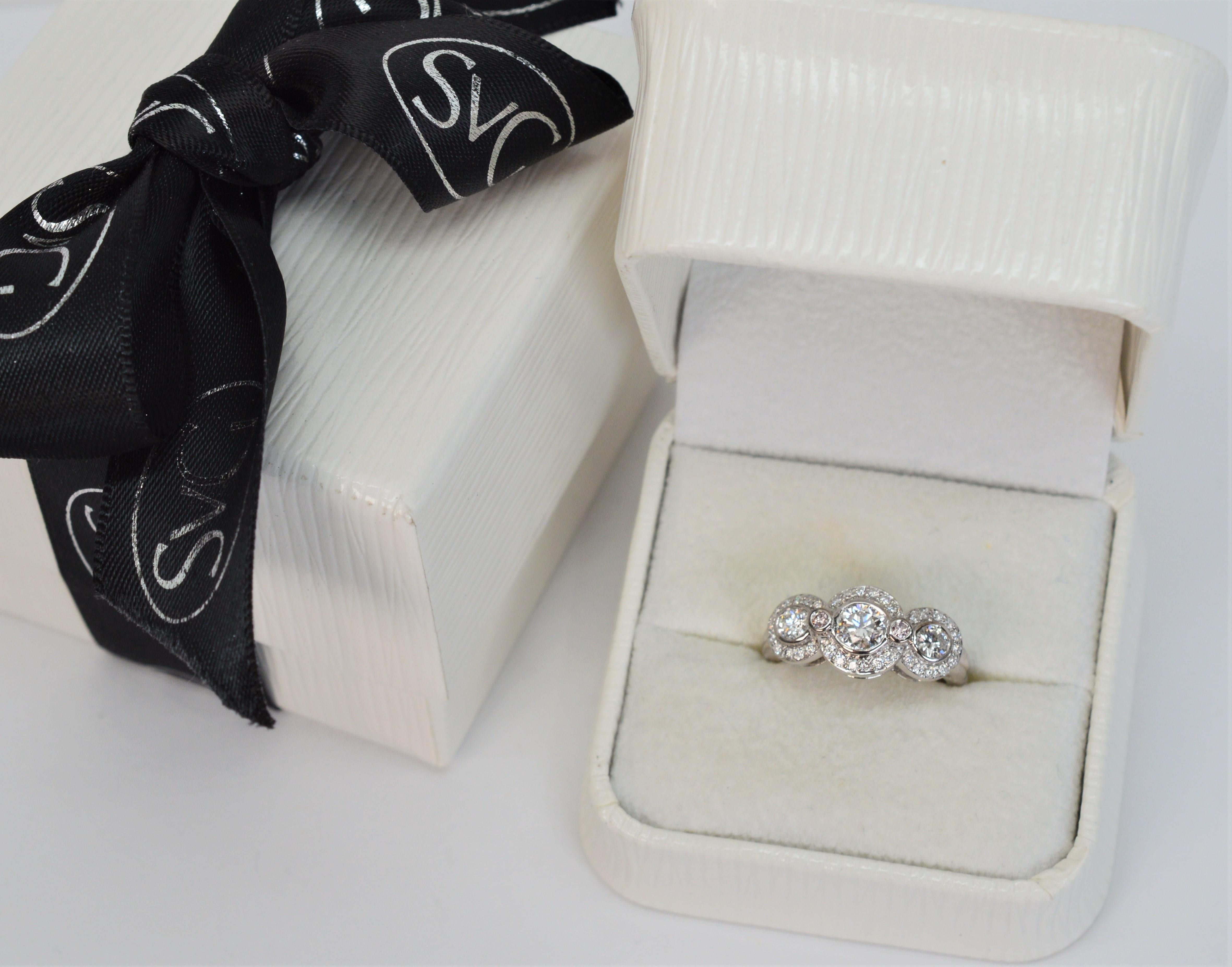 Three Stone Diamond Halo 14 Karat White Gold Engagement Ring For Sale 5