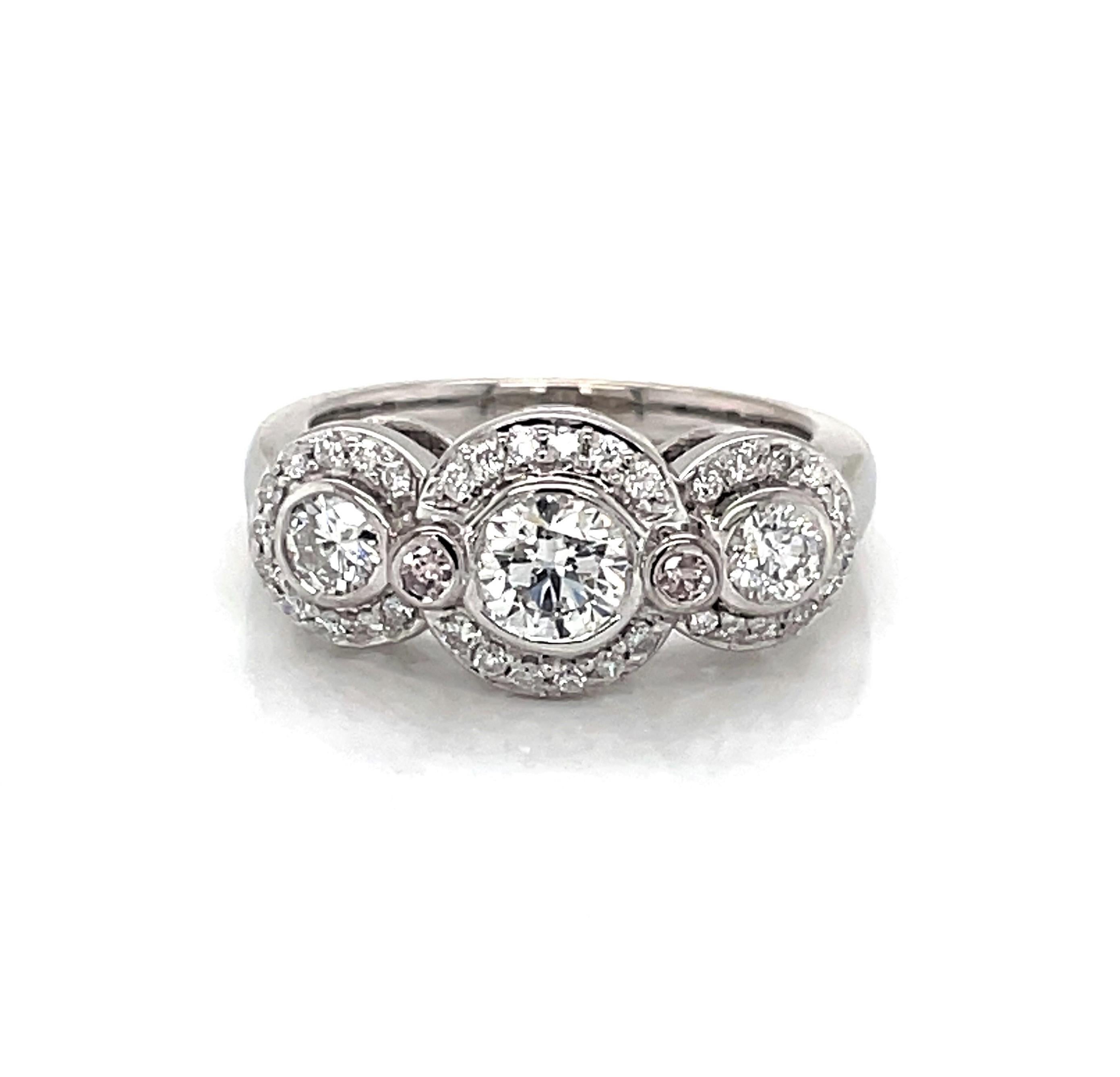 Women's Three Stone Diamond Halo 14 Karat White Gold Engagement Ring For Sale