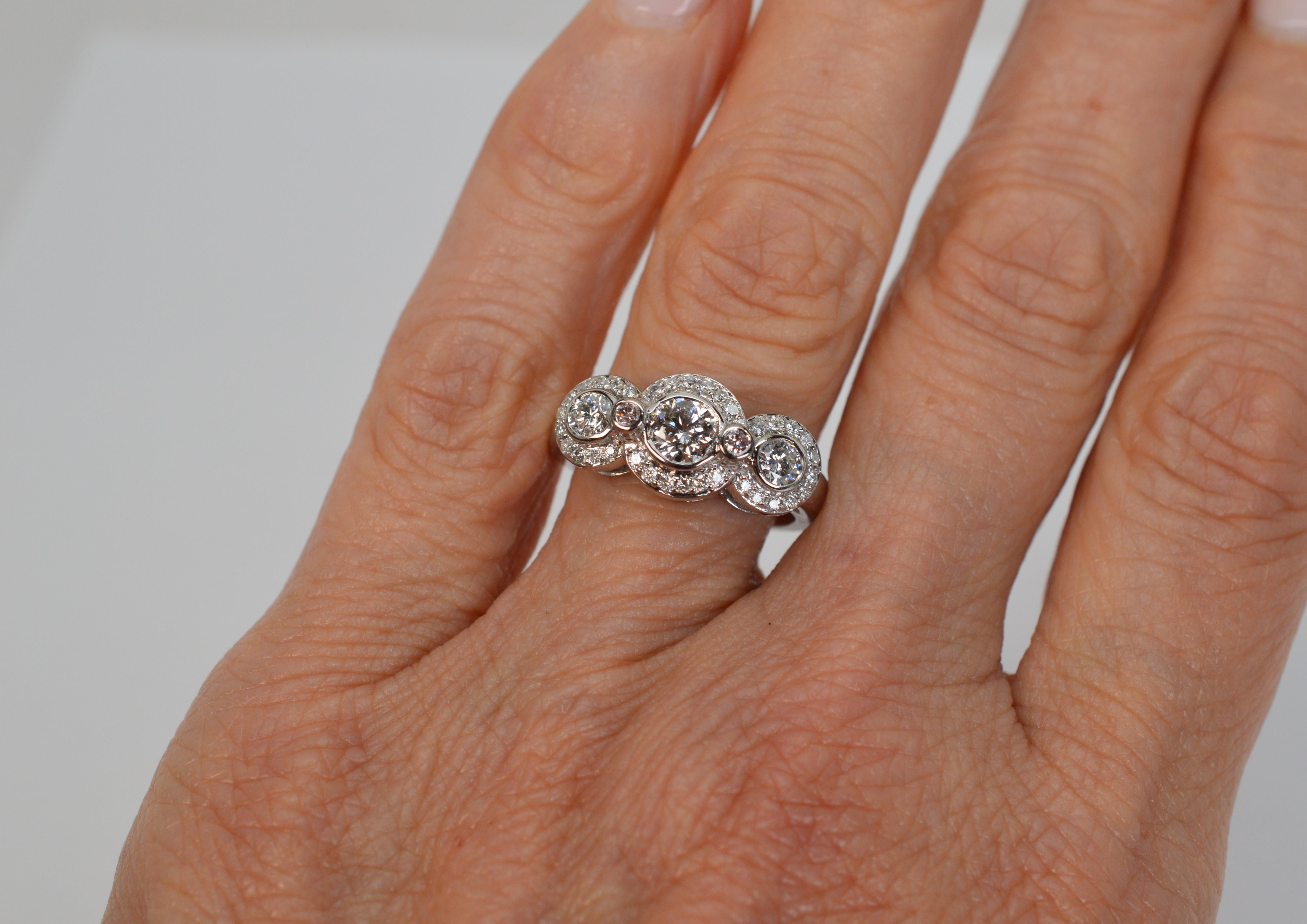 Three Stone Diamond Halo 14 Karat White Gold Engagement Ring For Sale 1