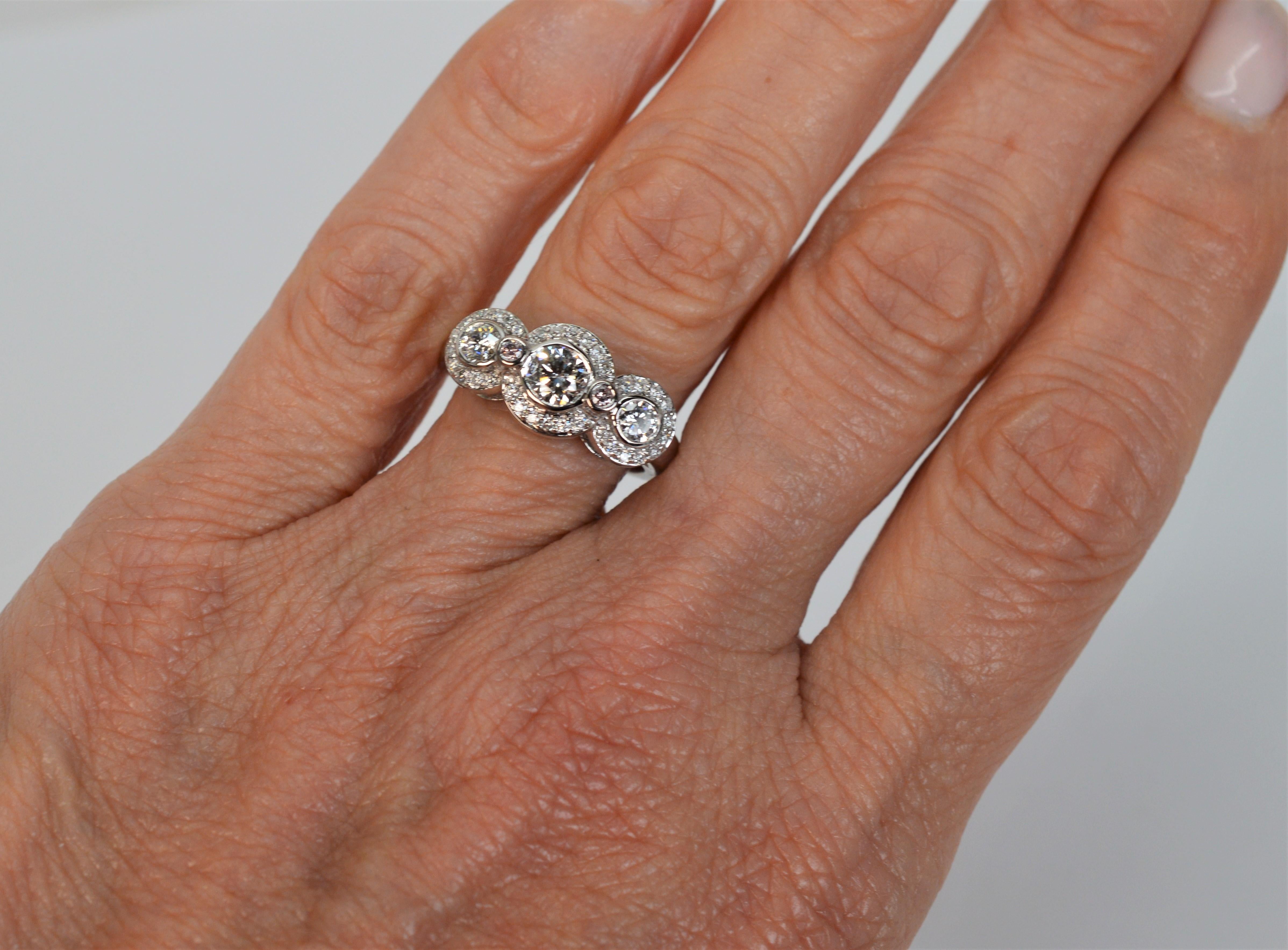 Three Stone Diamond Halo 14 Karat White Gold Engagement Ring For Sale 2