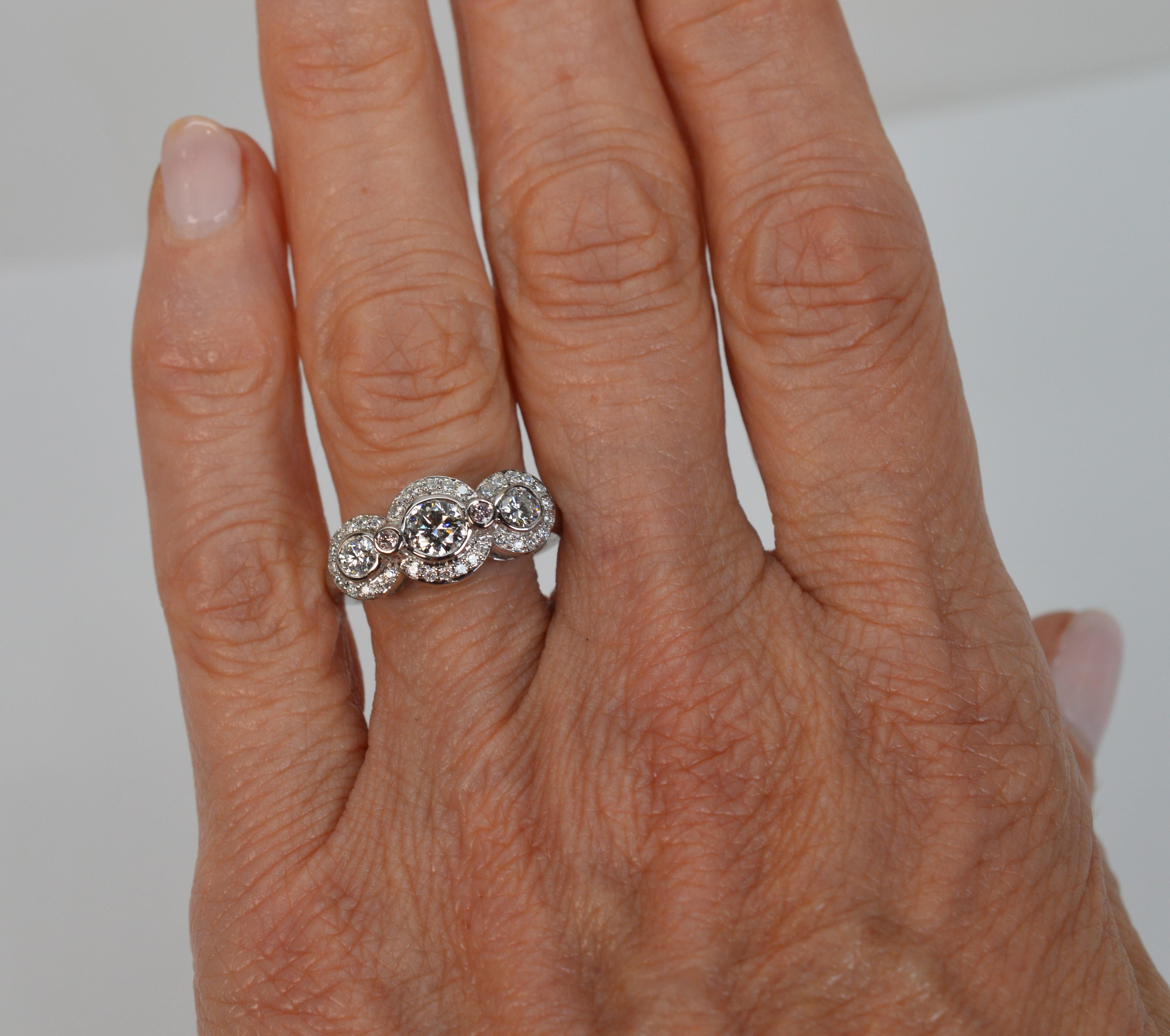 Three Stone Diamond Halo 14 Karat White Gold Engagement Ring For Sale 3