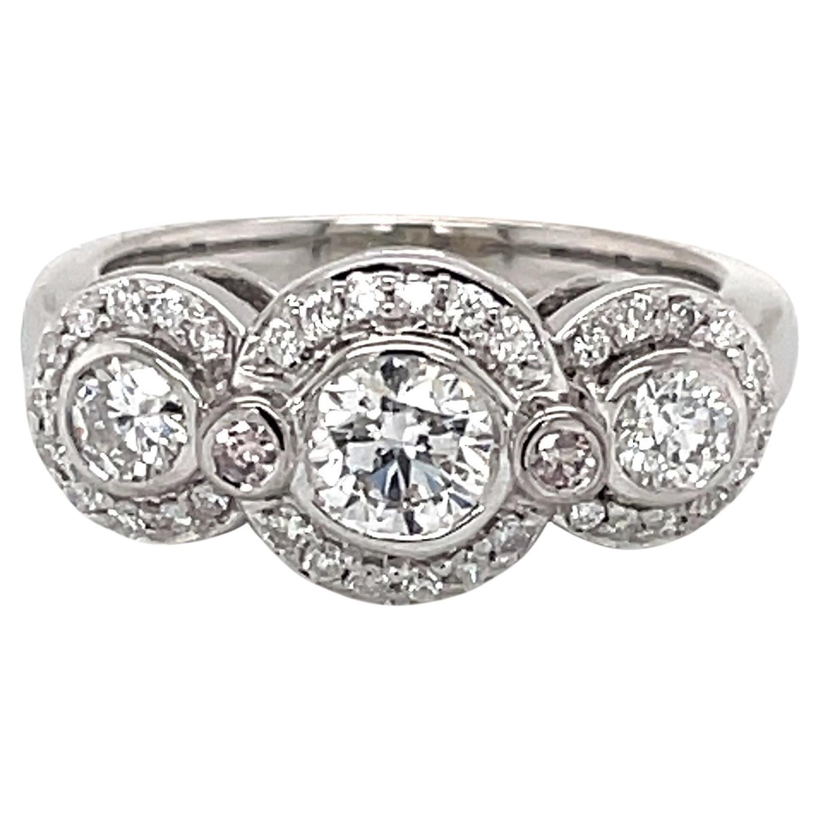 Three Stone Diamond Halo 14 Karat White Gold Engagement Ring For Sale