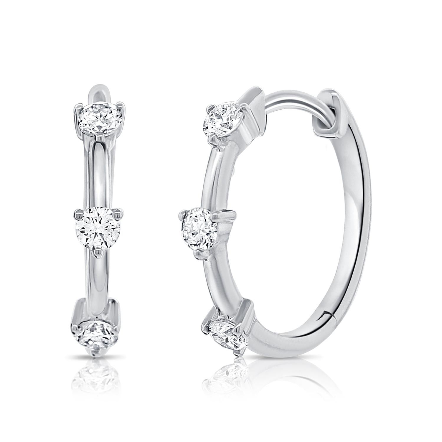 Women's Three Stone Diamond Huggie Hoop Earrings 0.32 Carats 14 Karat Yellow Gold For Sale