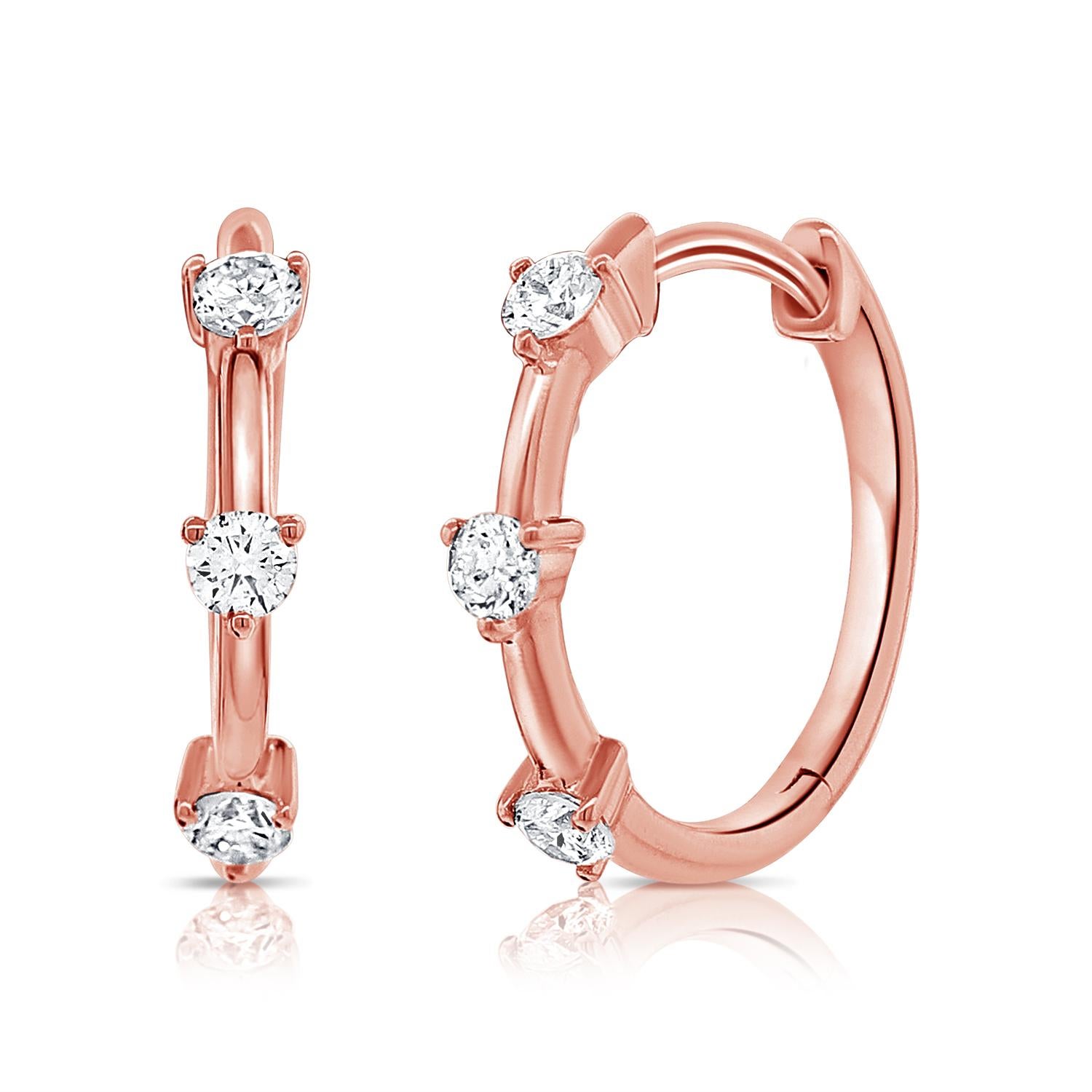 Three Stone Diamond Huggie Hoop Earrings 0.32 Carats 14 Karat Yellow Gold For Sale 1