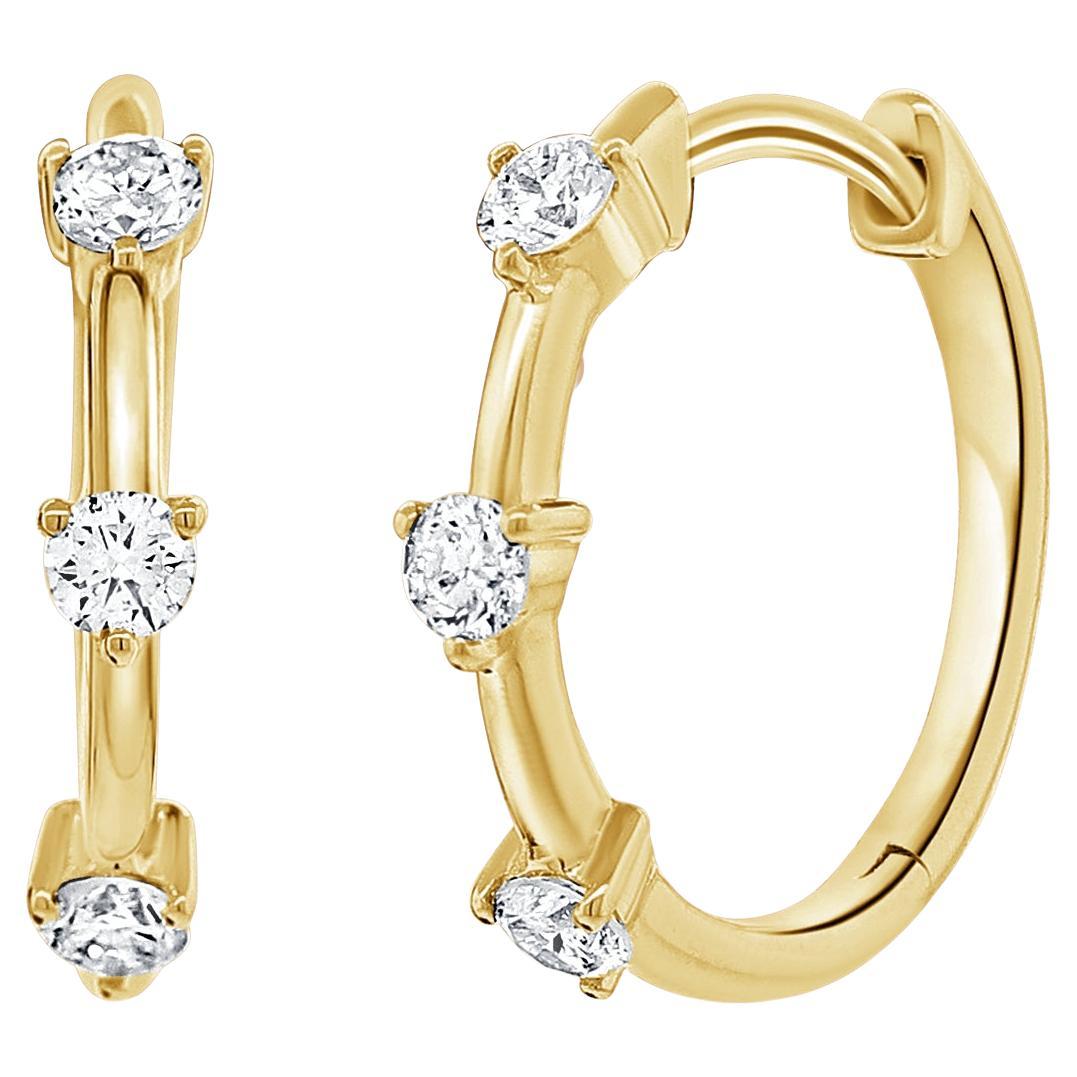 Three Stone Diamond Huggie Hoop Earrings 0.32 Carats 14 Karat Yellow Gold