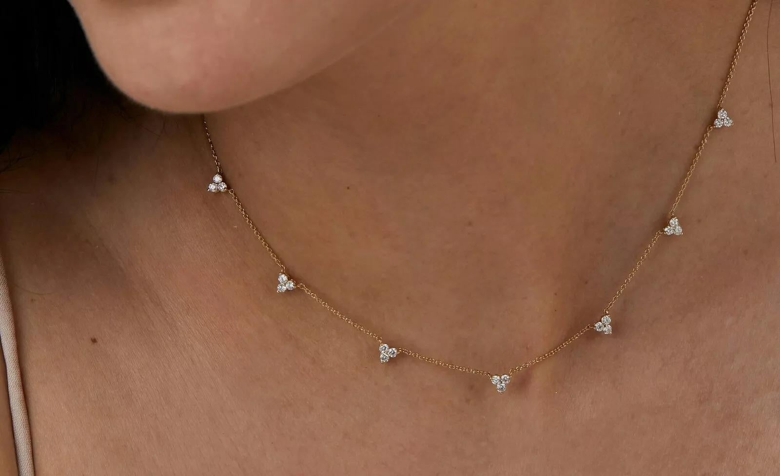 Round Cut Three Stone Diamond Necklace 14k Solid Gold 7 Stations Necklace For Sale