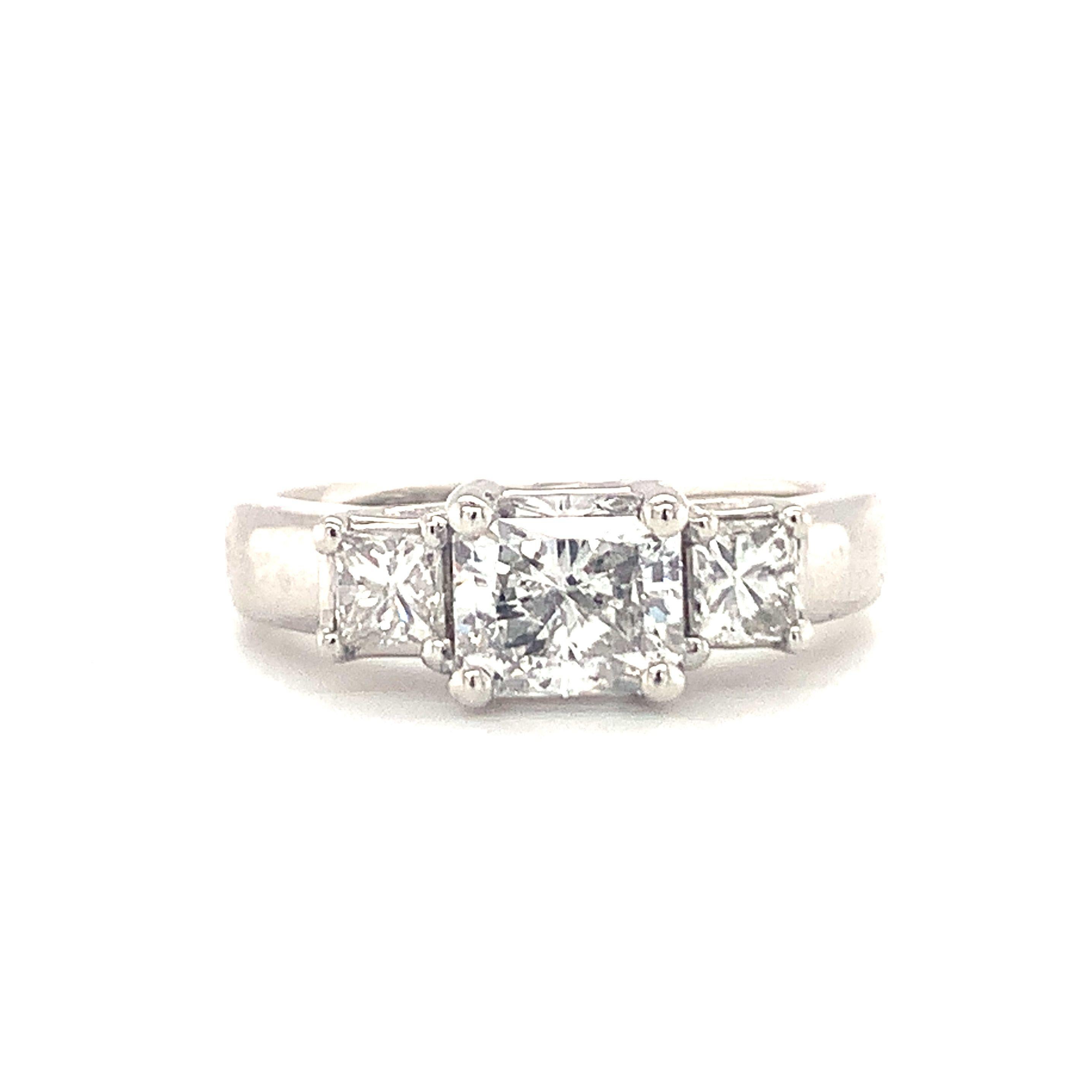 Radiant Cut Three-Stone Diamond Platinum Engagement Ring For Sale