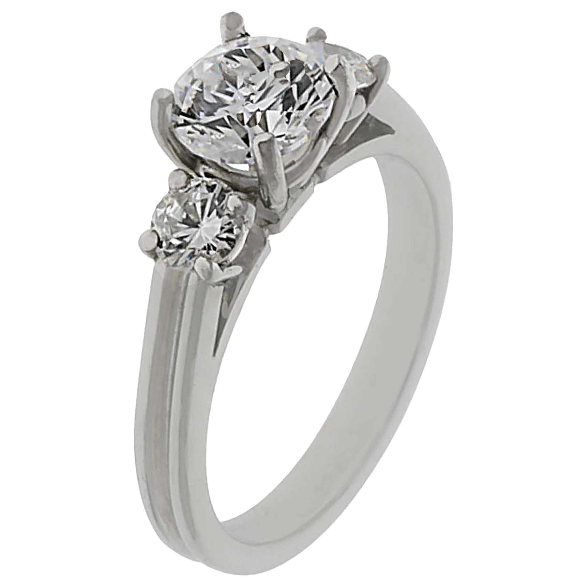 Three-Stone Diamond Platinum Engagement Ring For Sale