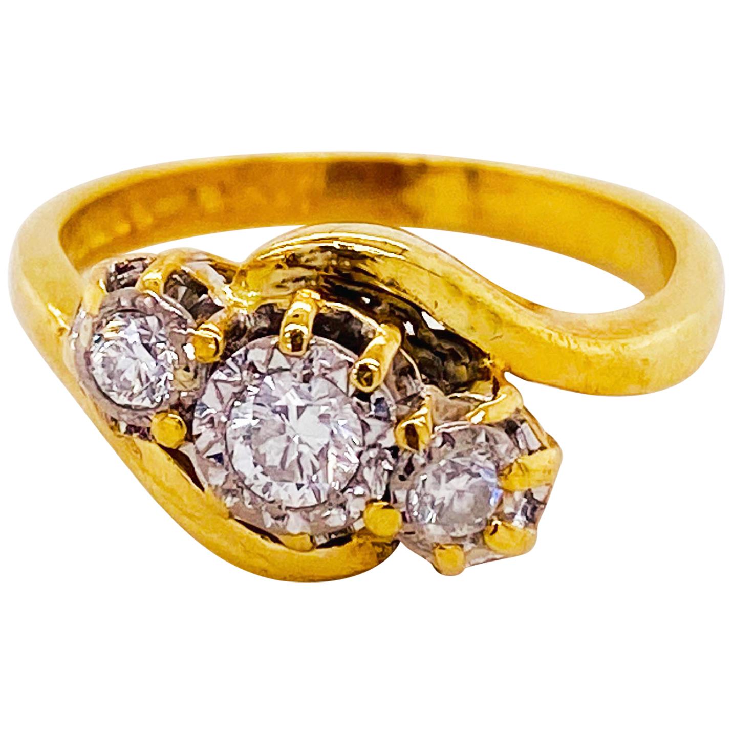 Three-Stone Diamond Ring 18K Yellow Gold Past Present Future Bypass Ring 3-Stone For Sale