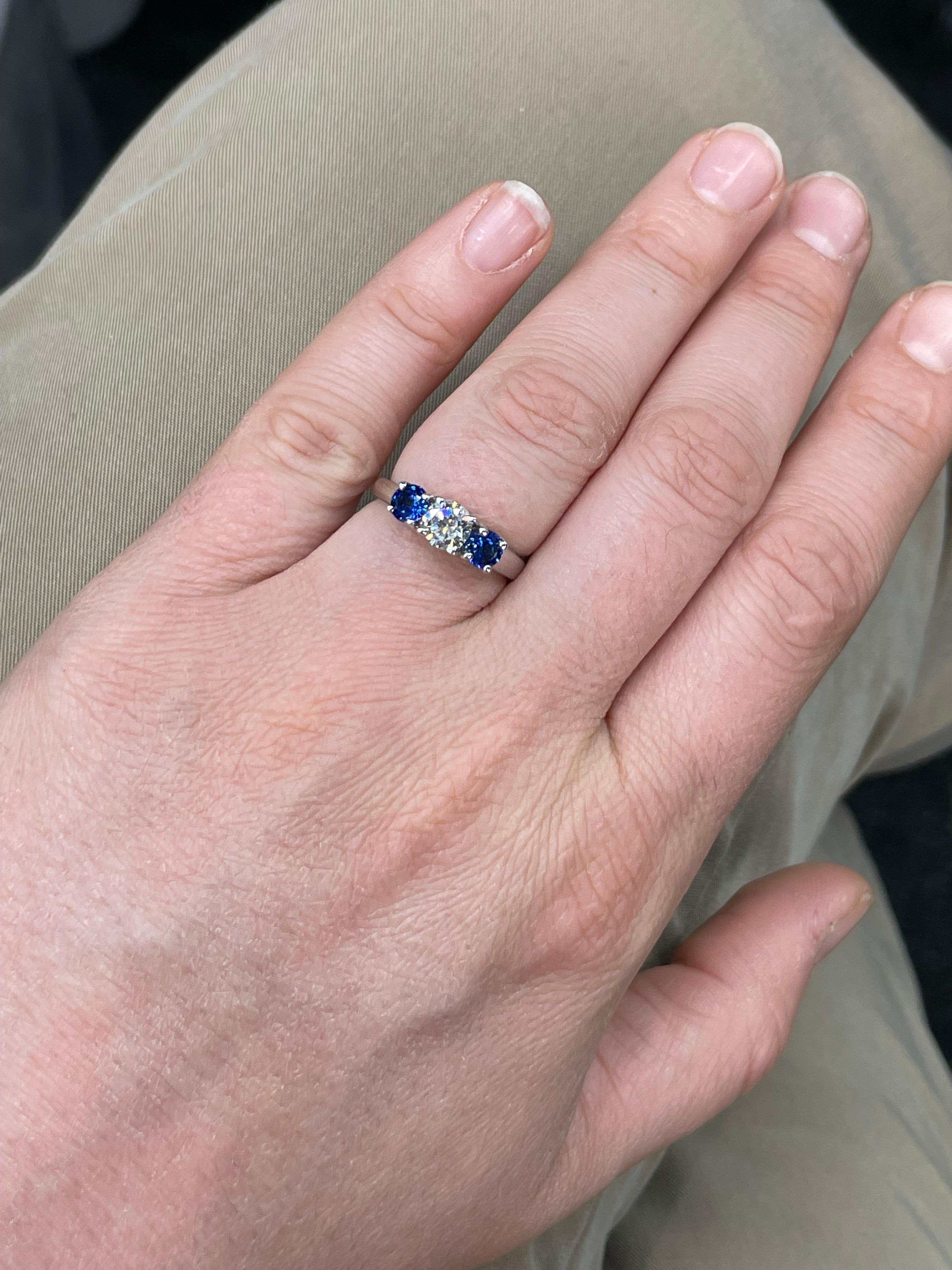 Contemporary Three Stone Diamond Sapphire Engagement Ring 1.41 Carats 14 Karat White Gold