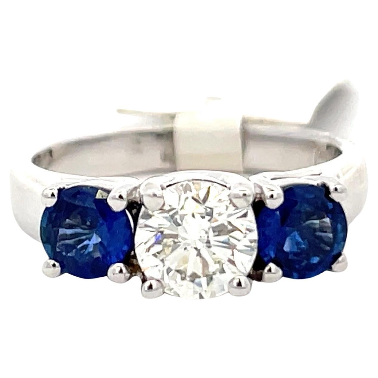 Three Stone Diamond Sapphire Engagement Ring 1.41 Carats 14 Karat White Gold