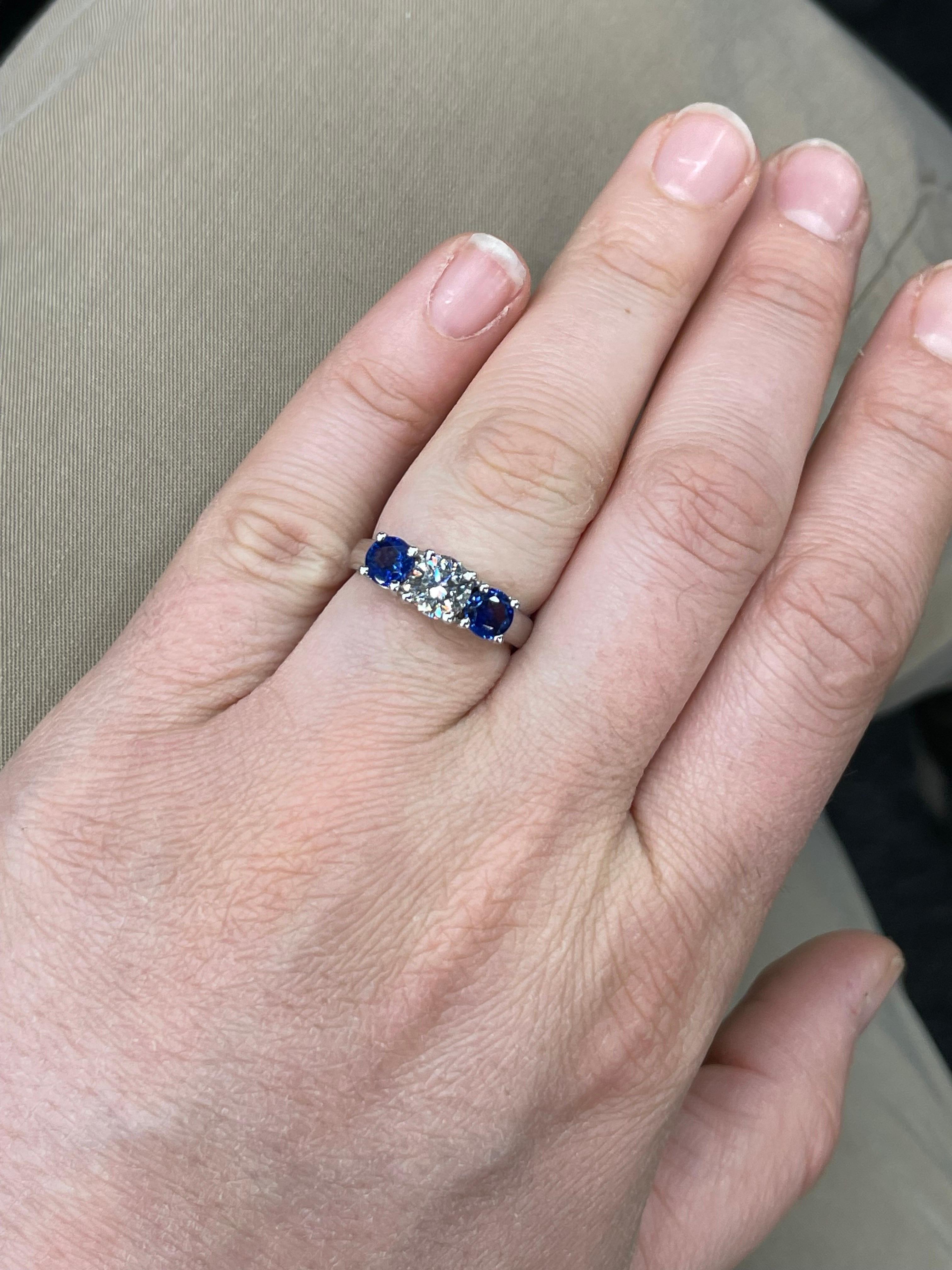 Round Cut Three Stone Diamond Sapphire Engagement Ring 1.84 Carats 14 Karat White Gold