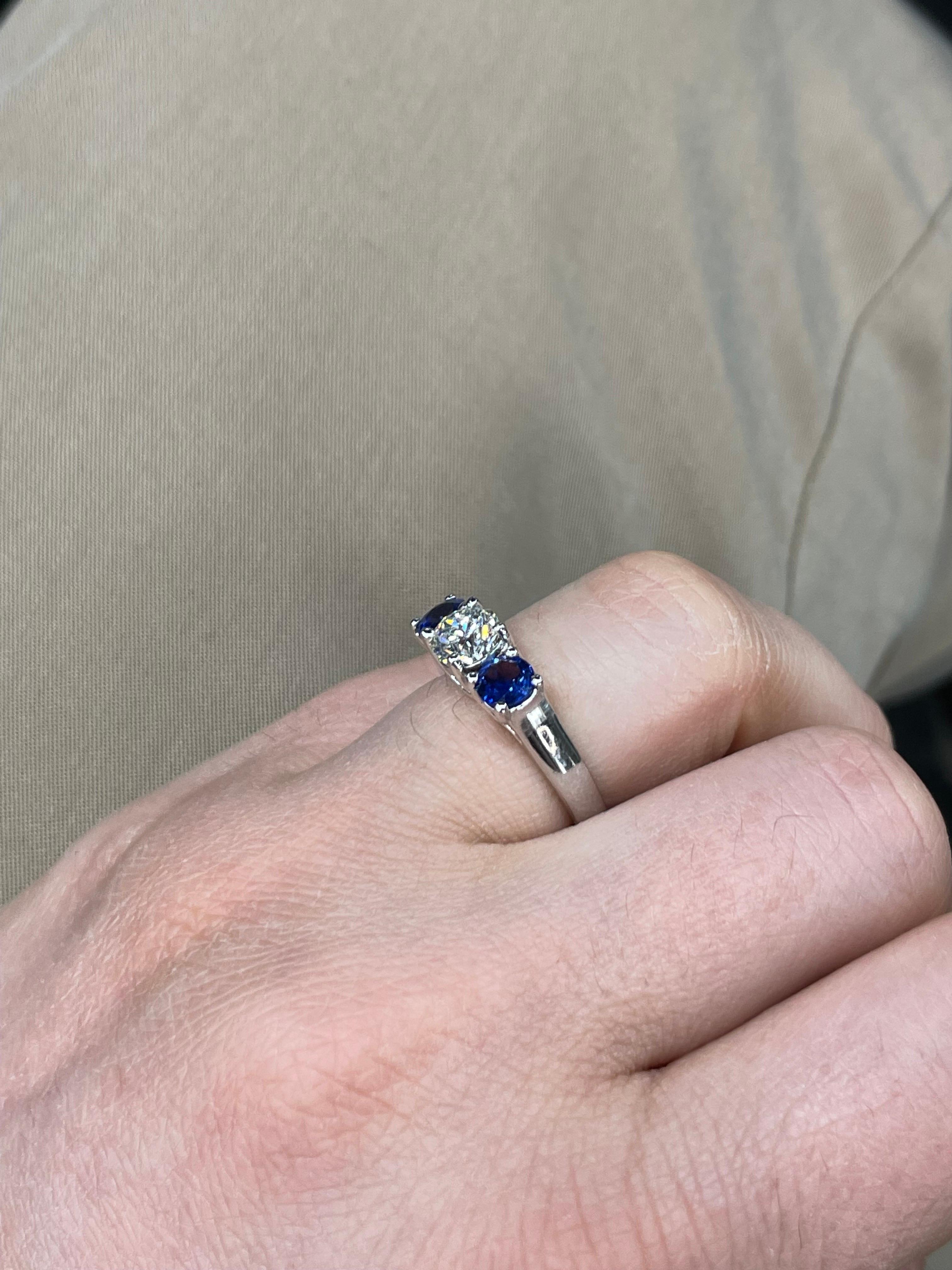 Three Stone Diamond Sapphire Engagement Ring 1.84 Carats 14 Karat White Gold In New Condition In New York, NY