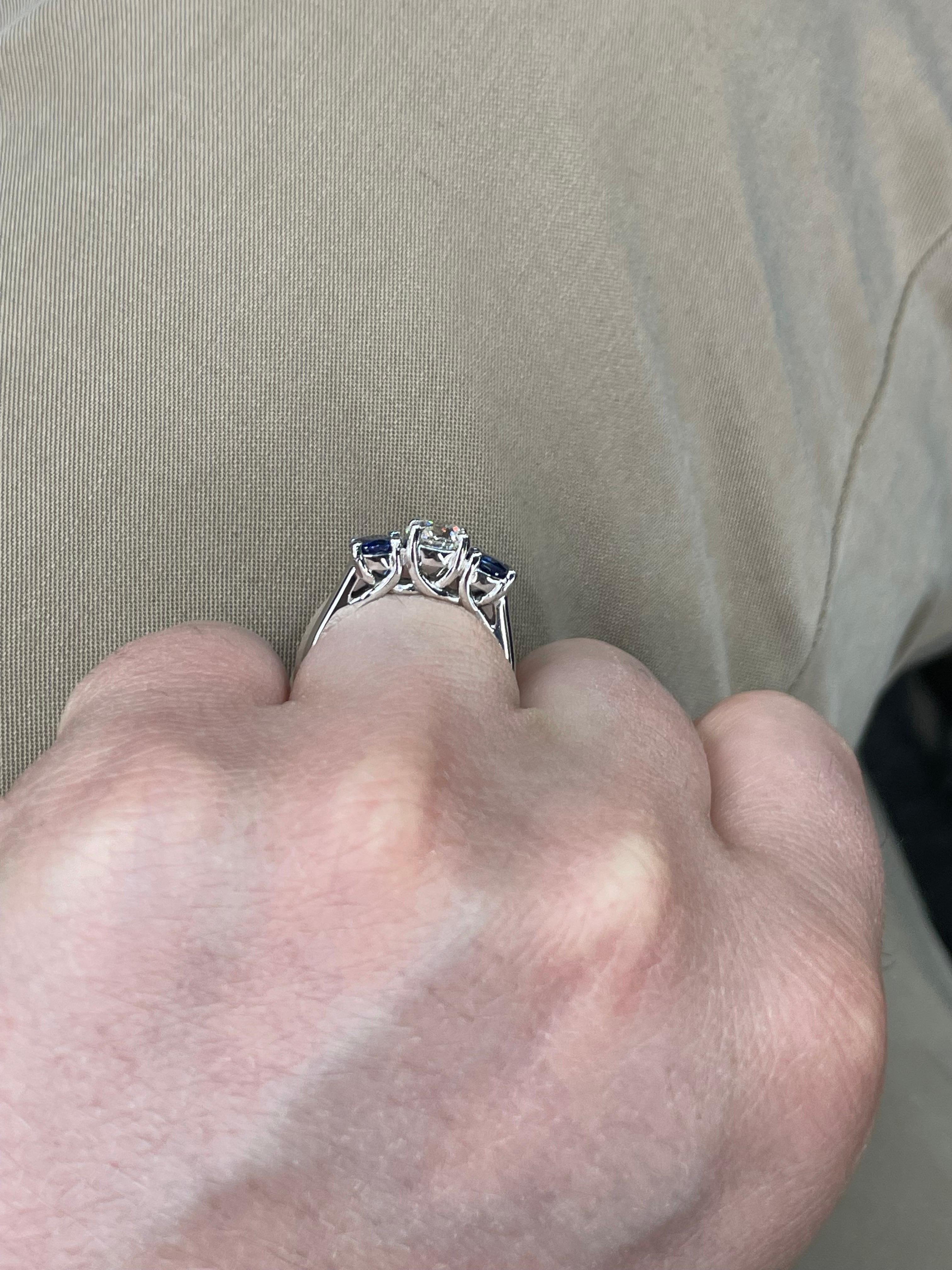 Women's Three Stone Diamond Sapphire Engagement Ring 1.84 Carats 14 Karat White Gold
