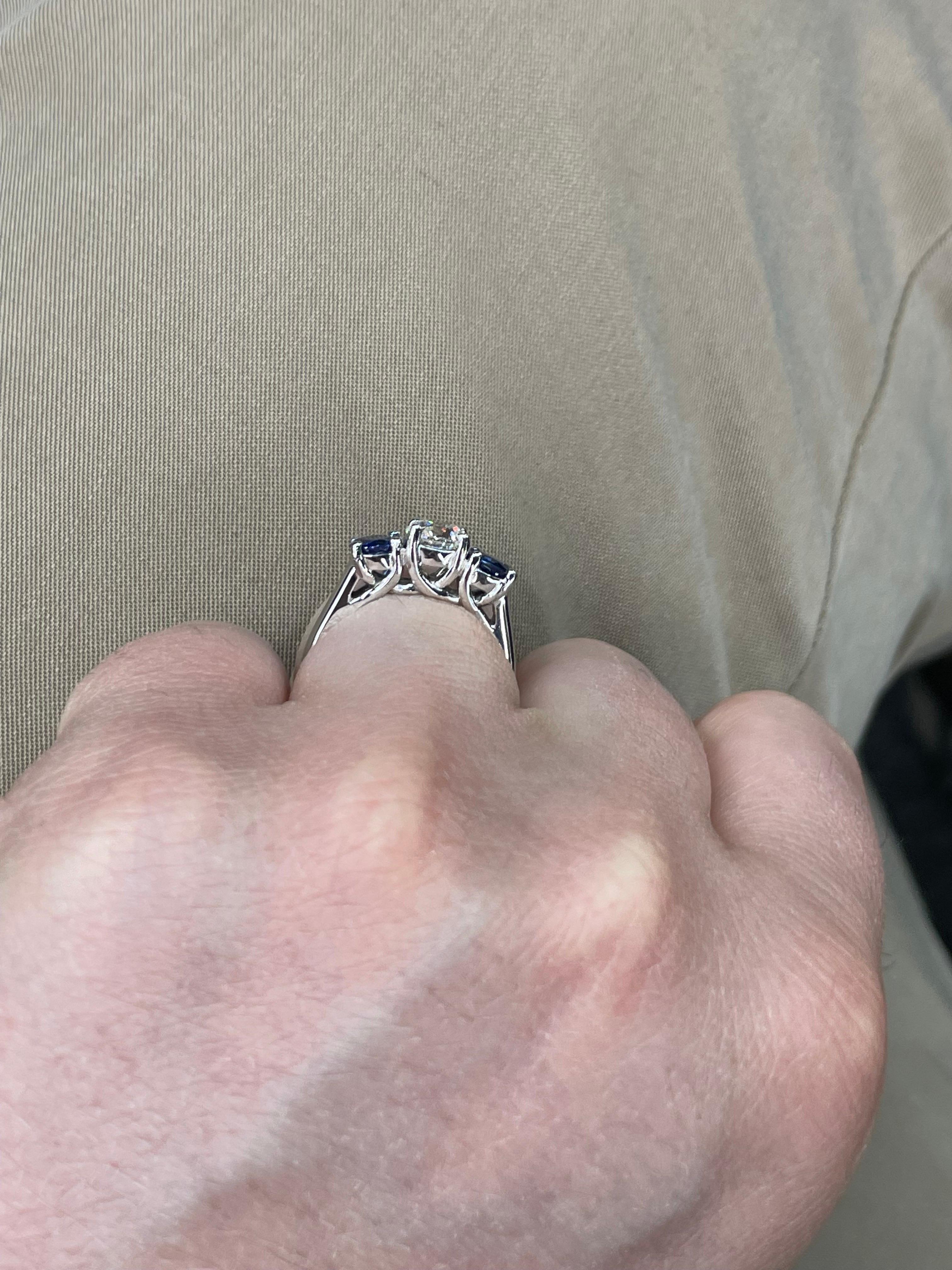 Women's Three Stone Diamond Sapphire Engagement Ring 1.84 Carats 14 Karat White Gold For Sale
