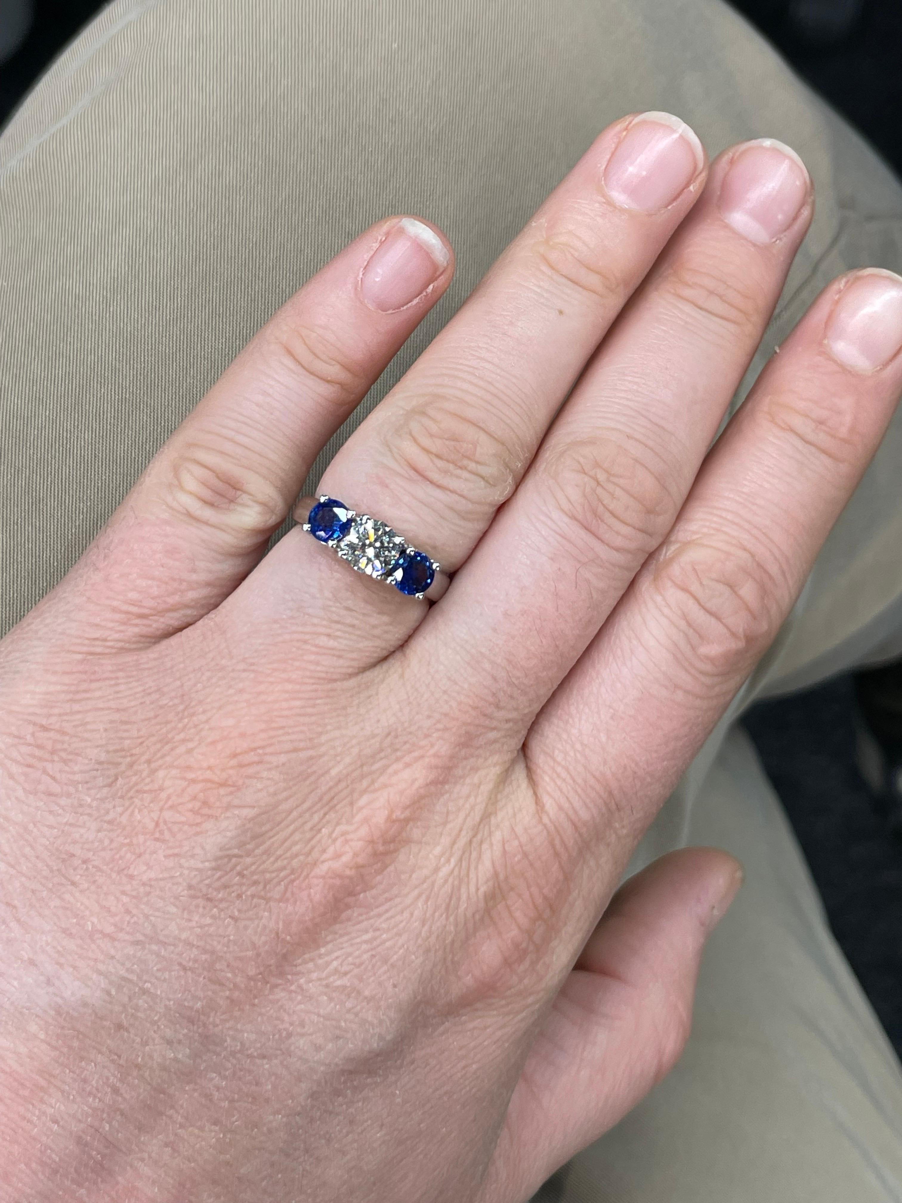 Three Stone Diamond Sapphire Engagement Ring 1.84 Carats 14 Karat White Gold 1