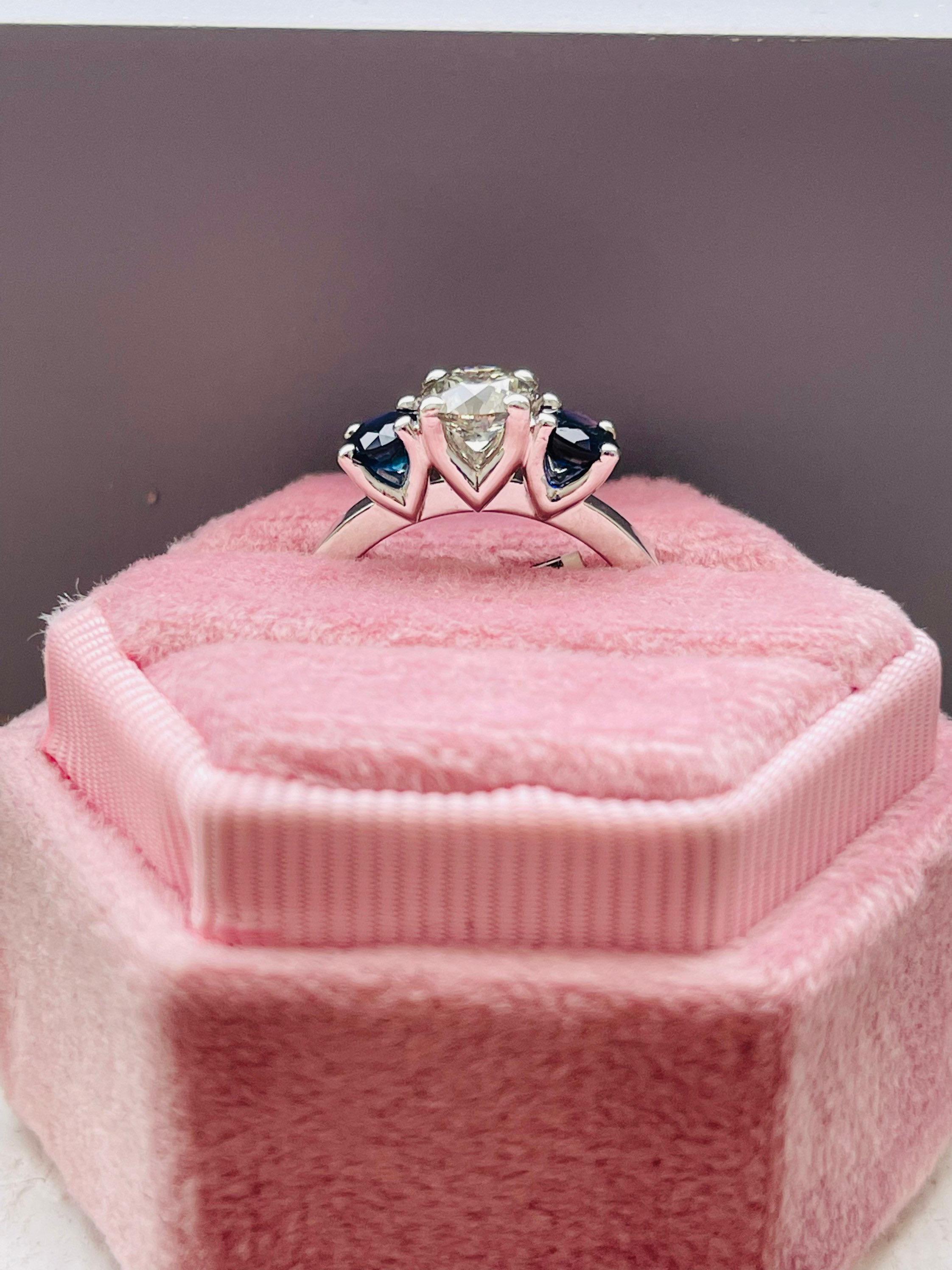 Brilliant Cut Three stone diamond sapphire ring platinum tulip diamond ring floral design For Sale