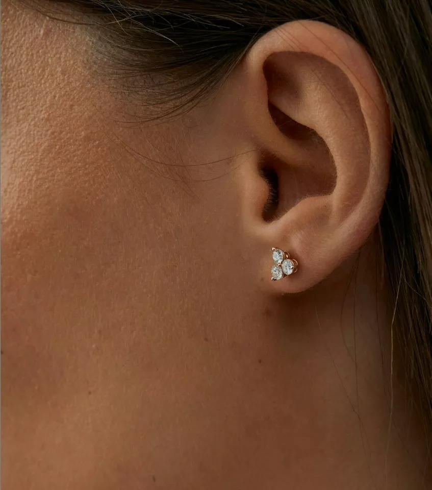 Round Cut Three Stone Diamond Studs 14k Solid Gold Women Earrings For Sale