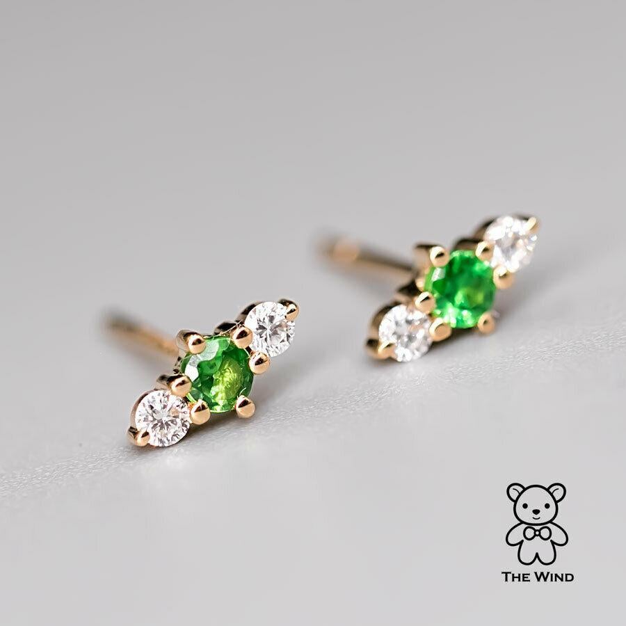 Brilliant Cut Three Stone Diamond Tsavorite Garnet Stud Earrings 18K Yellow Gold For Sale