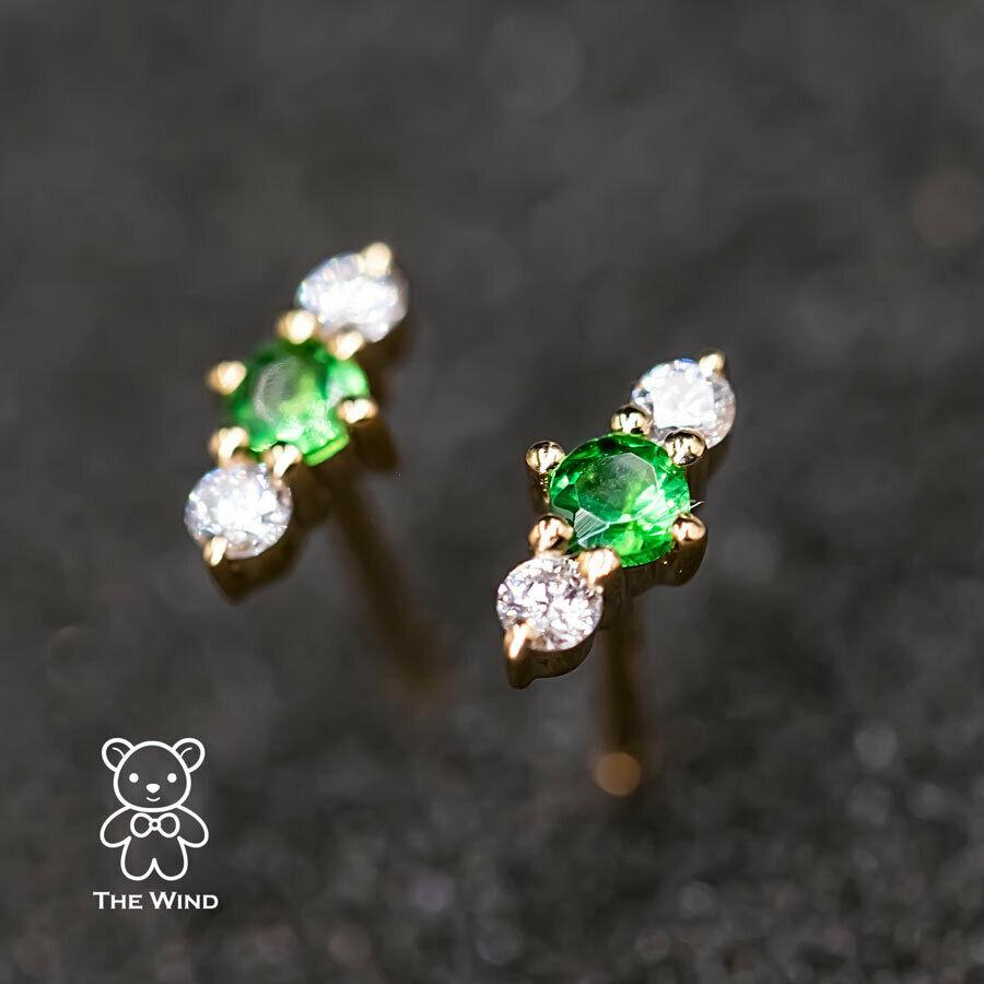 Women's or Men's Three Stone Diamond Tsavorite Garnet Stud Earrings 18K Yellow Gold For Sale