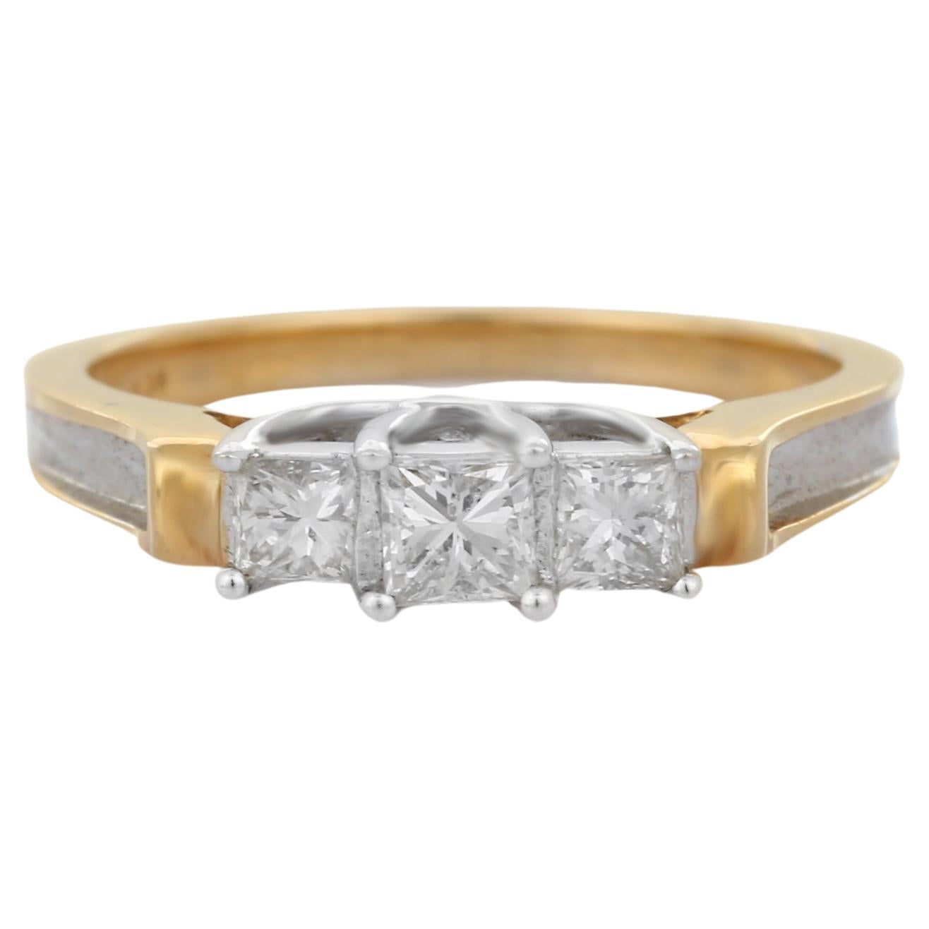 For Sale:  Unisex Diamond Three Stone Engagement Ring in 18 Karat Yellow Gold