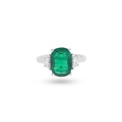 Three Stone Elongated Cushion Emerald '3.50ct' w/Half Moon Diamonds '.37ct'